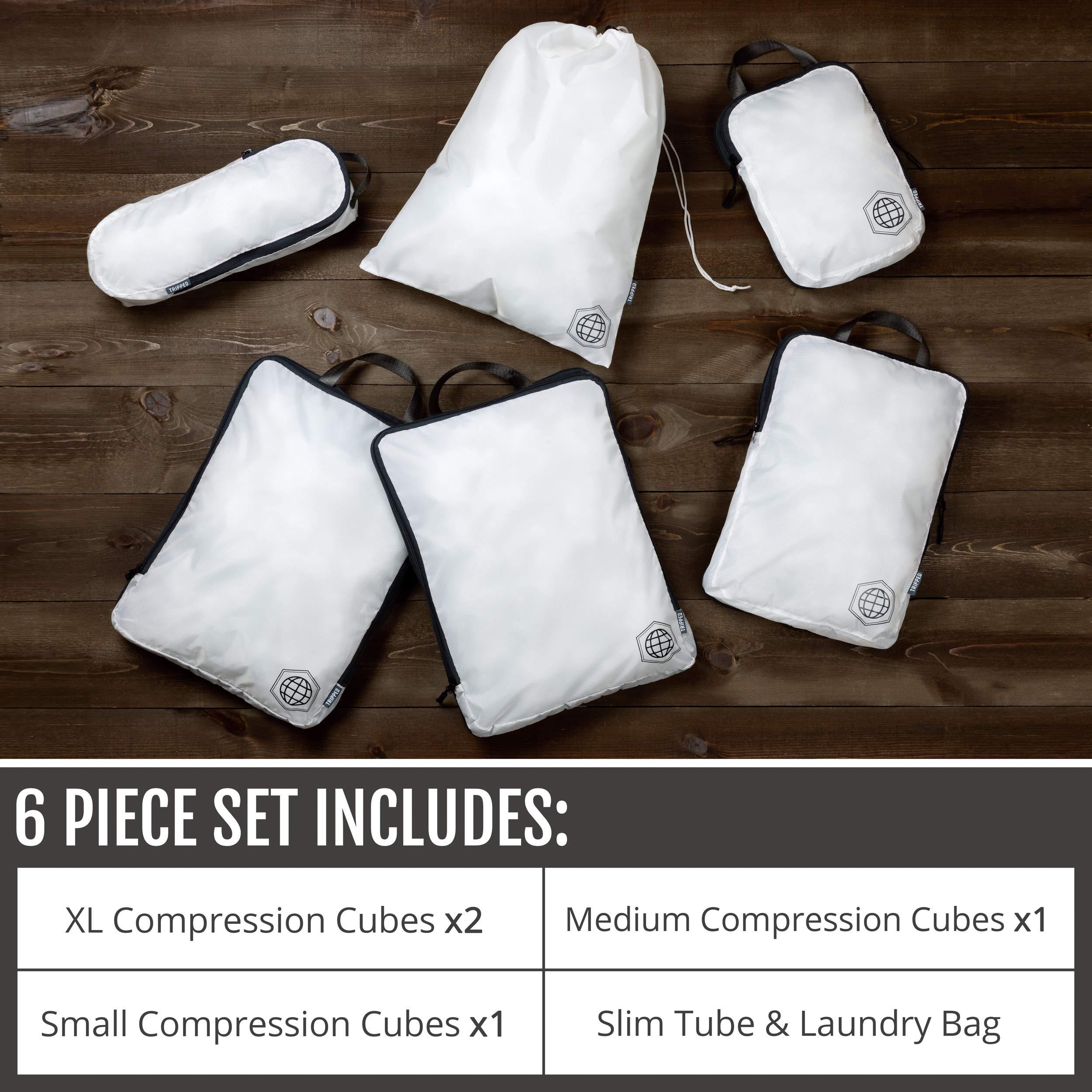 Large Compression Packing Cubes 6 Piece Set for Travel with Lightweight Laundry Bag for Carry-On Suitcase by TRIPPED Travel Gear (White) - Image 3