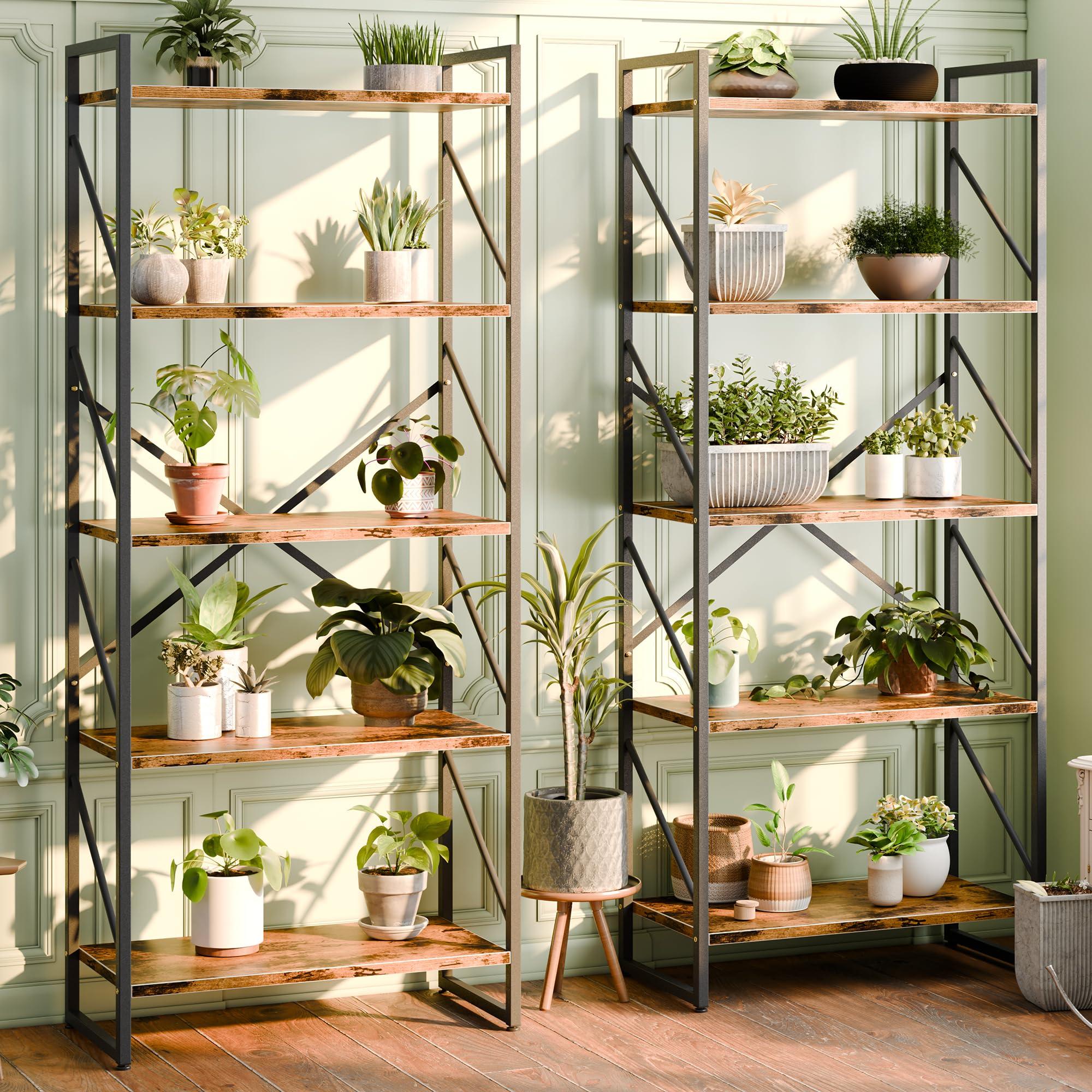 Shintenchi 2 Pieces 5 Tiers Bookshelf, Classically Tall Bookcase Shelf, Industrial Book Rack, Modern Book Holder in Bedroom/Living Room/Home/Office, Storage Rack Shelves for Books/Movies-Rustic Brown - Image 4