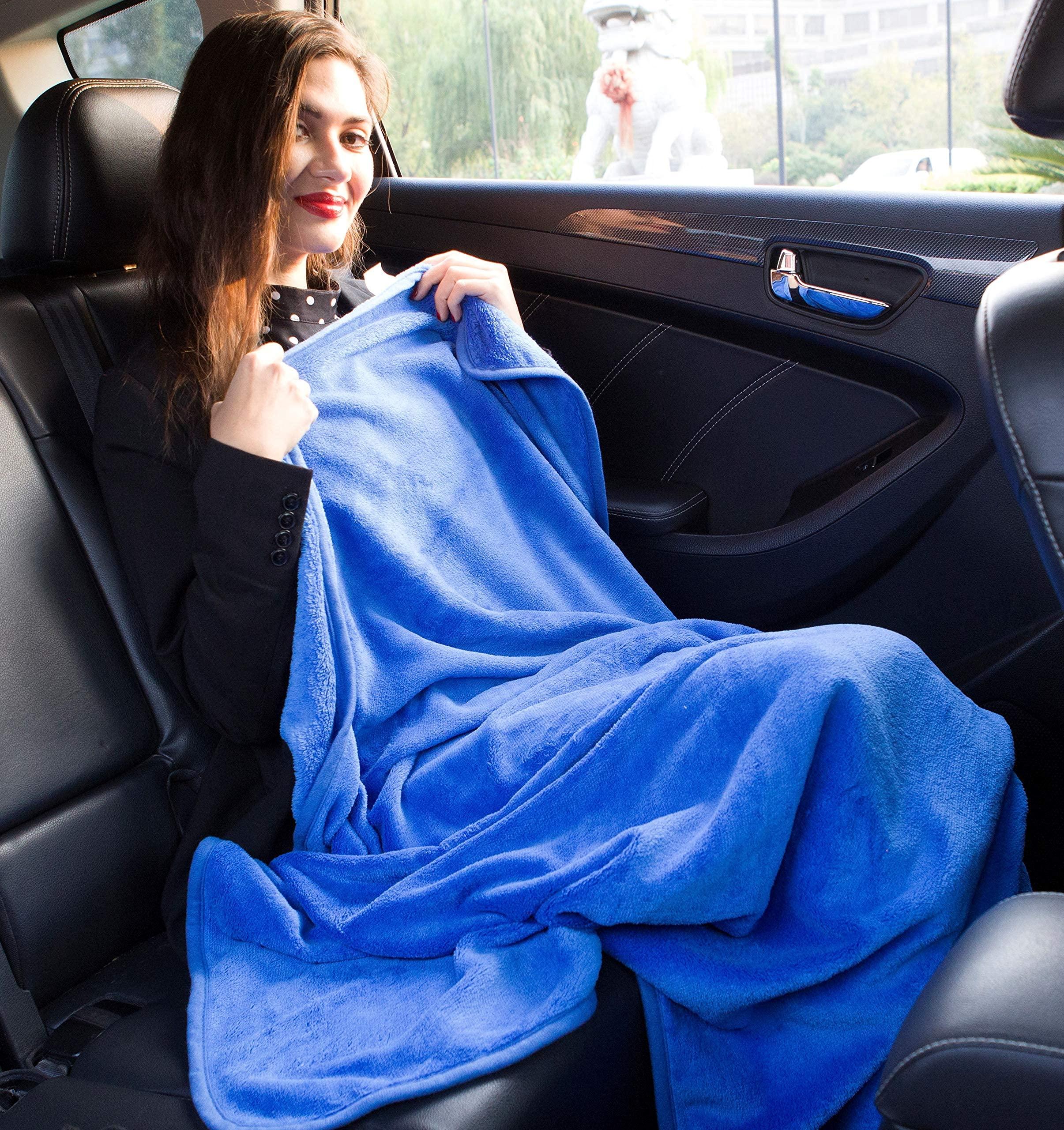 BlueHills 2-Pack Premium Soft Travel Blanket Pillow Airplane Blanket in Soft Bag Pillowcase with Hand Luggage Belt and Backpack Clip, Compact Pack Large Blankets for Any Travel Royal Blue T015 - Image 2