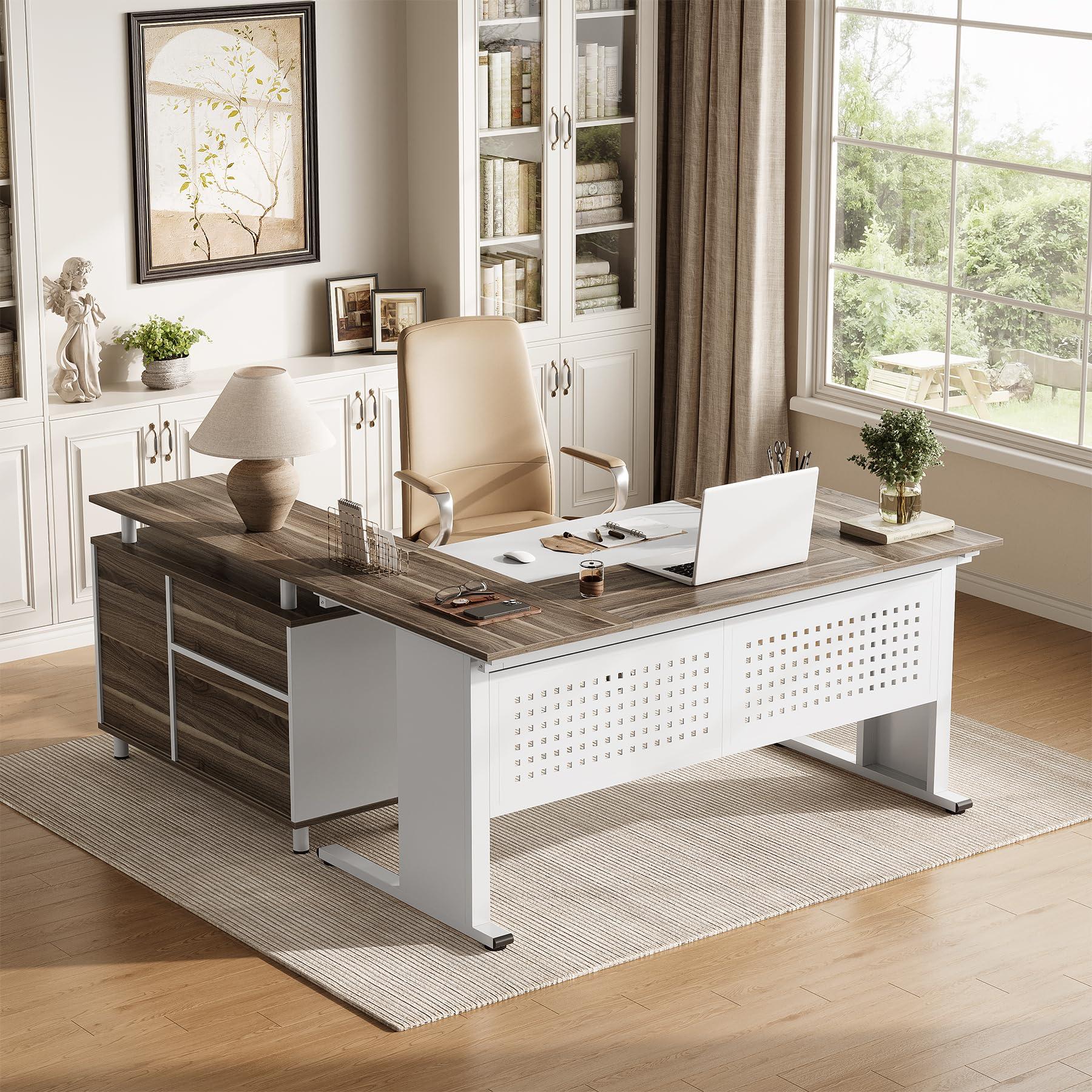LITTLE TREE Large Computer Desk with File Cabinet, 63 Inch Executive Desk L Shaped Office Desk with Drawers and Storage Shelves, Business Furniture Desk Workstation for Home Office - Image 6