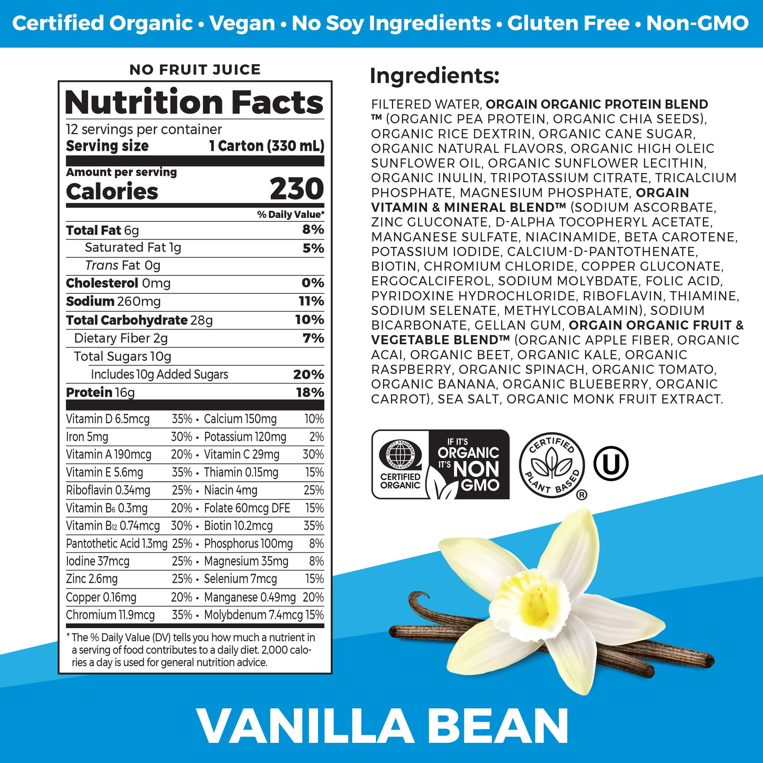 Orgain Organic Nutritional Vegan Protein Shake, Vanilla Bean - 16g Plant Based Protein, Meal Replacement, 21 Vitamins & Minerals, Fruits & Vegetables, Gluten Free, Non-GMO, 11 Fl Oz (Pack of 12) - Image 2