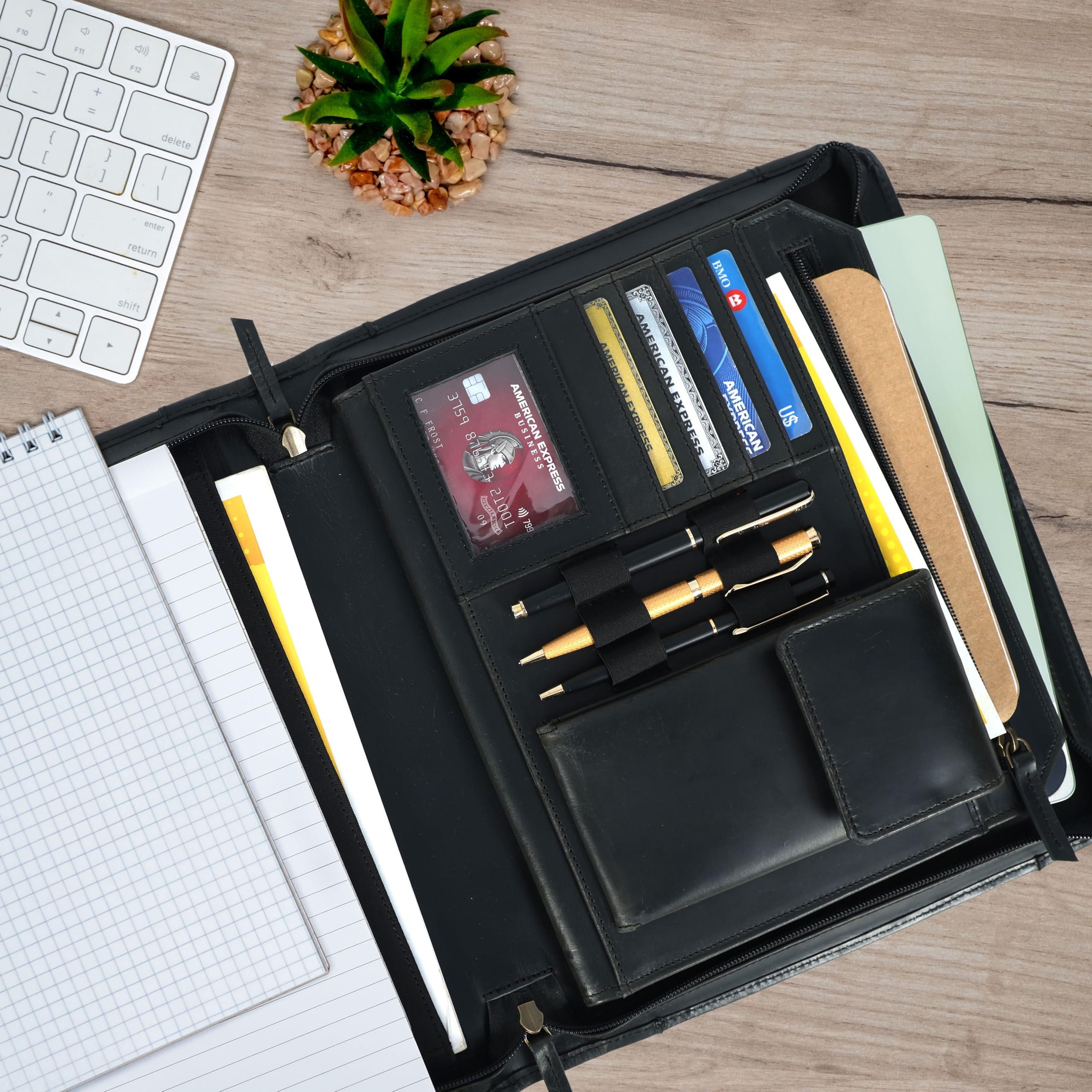 Leather Portfolio for Men, Portfolio Organizer with Zipper for Men Women, Leather Padfolio Business Resume Legal Pad Portfolio Notebook Binder for A4/Pad, Leather Folio Leather Folder (Black) - Image 7