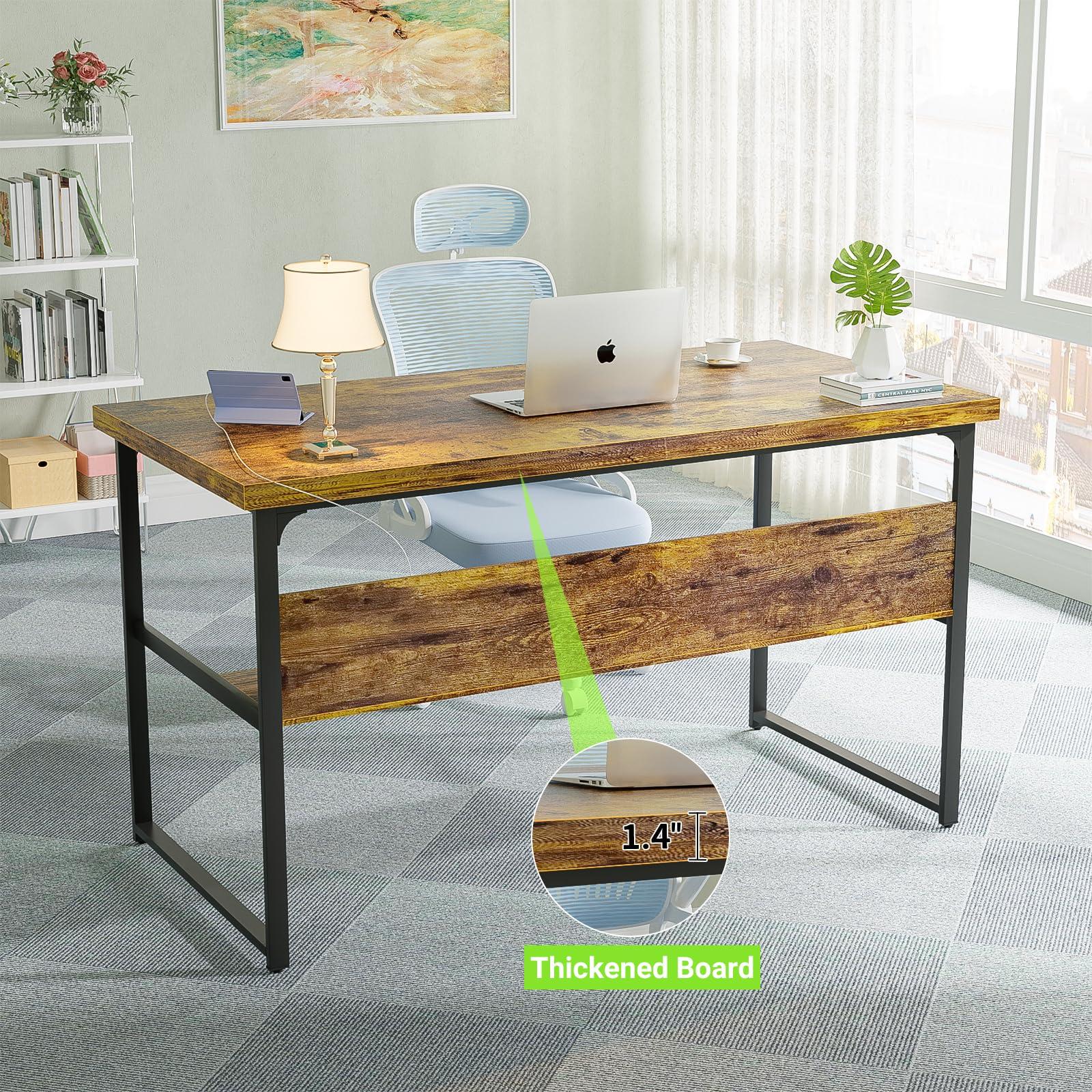 Unikito Computer Desk with Power Outlets, Executive Desk with Extra Thick Tabletop, Computer Office Desk Workstation with Bookshelf, Modern Simple Study Writing Table for Home Office, Rustic Brown - Image 5