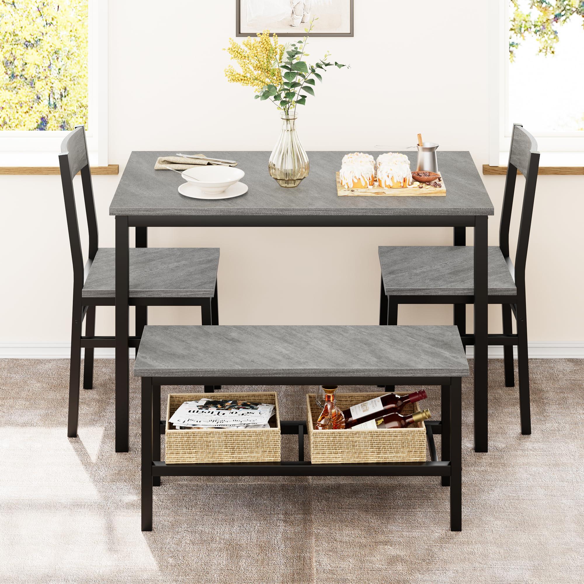 GarveeHome Dining Table Set for 4, Modern Kitchen Table with Chairs and Bench for Small Space, 4-Person Dining Room Table Set with Metal Frame and Storage Rack, Dinette Set for Apartment - Image 3