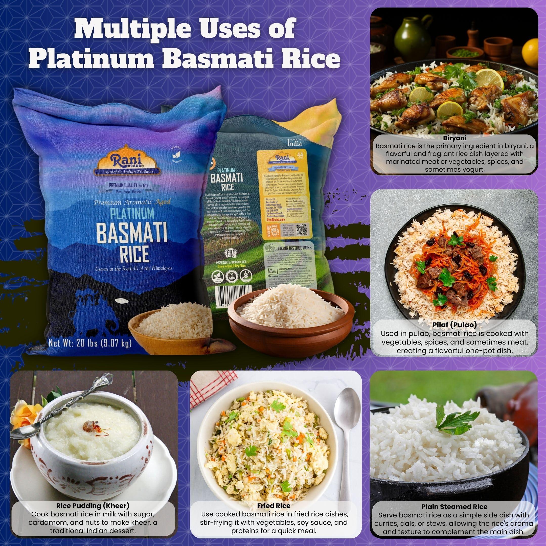 Rani Platinum White Basmati Rice Extra Long Aged 20-Pound Bag, 320oz (20lbs) 9.08kg ~ All Natural | Gluten Friendly | Vegan | Indian Origin | Kosher | Export Quality - Image 4