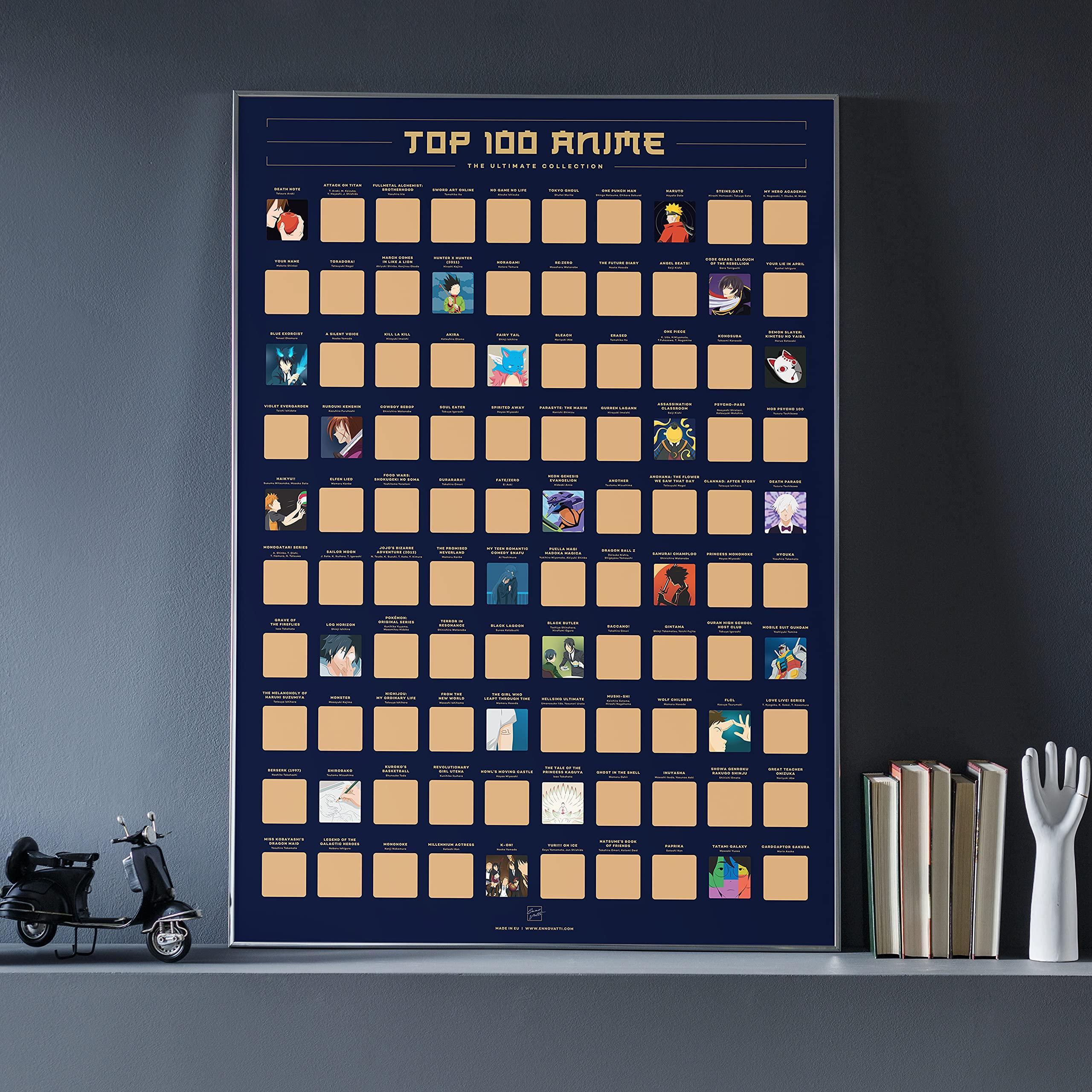 Enno Vatti Scratch Off Poster - Top 100 Animes of All Time - Unique Bucket List and Cool Stuff Featuring Series and Films - Wall Art and Thoughtful Gift for Anime Lovers - 16.5 x 23.4-Inch - Image 2