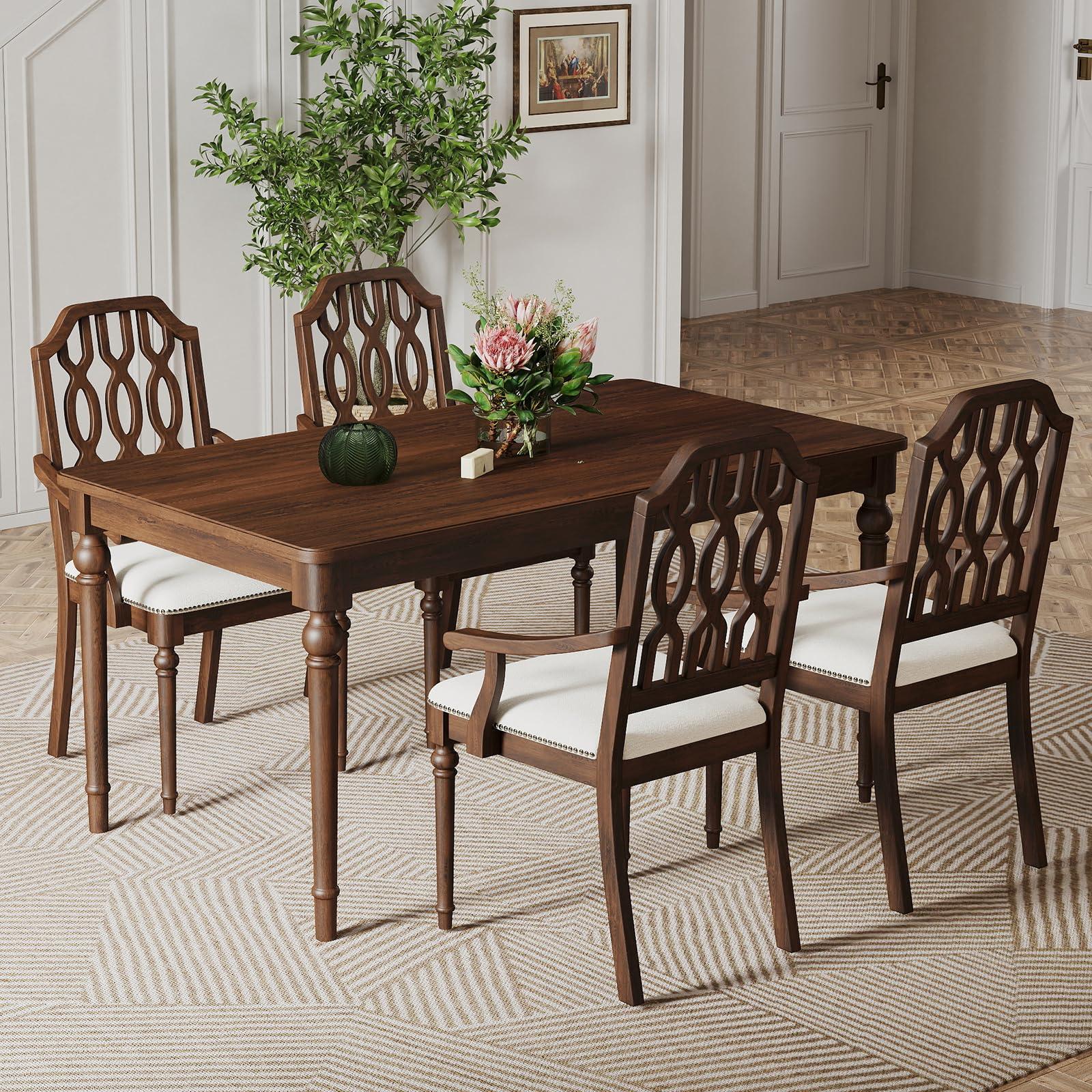 Kmax Dining Chairs Set of 4 Light Luxury Carving Craft Dining Room Chair with Brown Wood Frame Upholstered Seat Arm Chair with Lattice Back for Kitchen, White Chenille