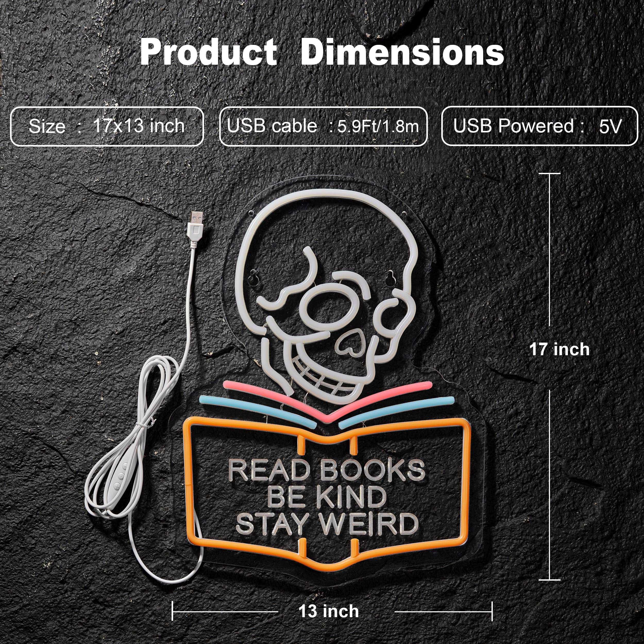 Read Books Be Kind Stay Weird Neon Sign for Wall Décor Dimmable LED Skull Neon Light USB Powered Neon Art Signs Decor - Image 2