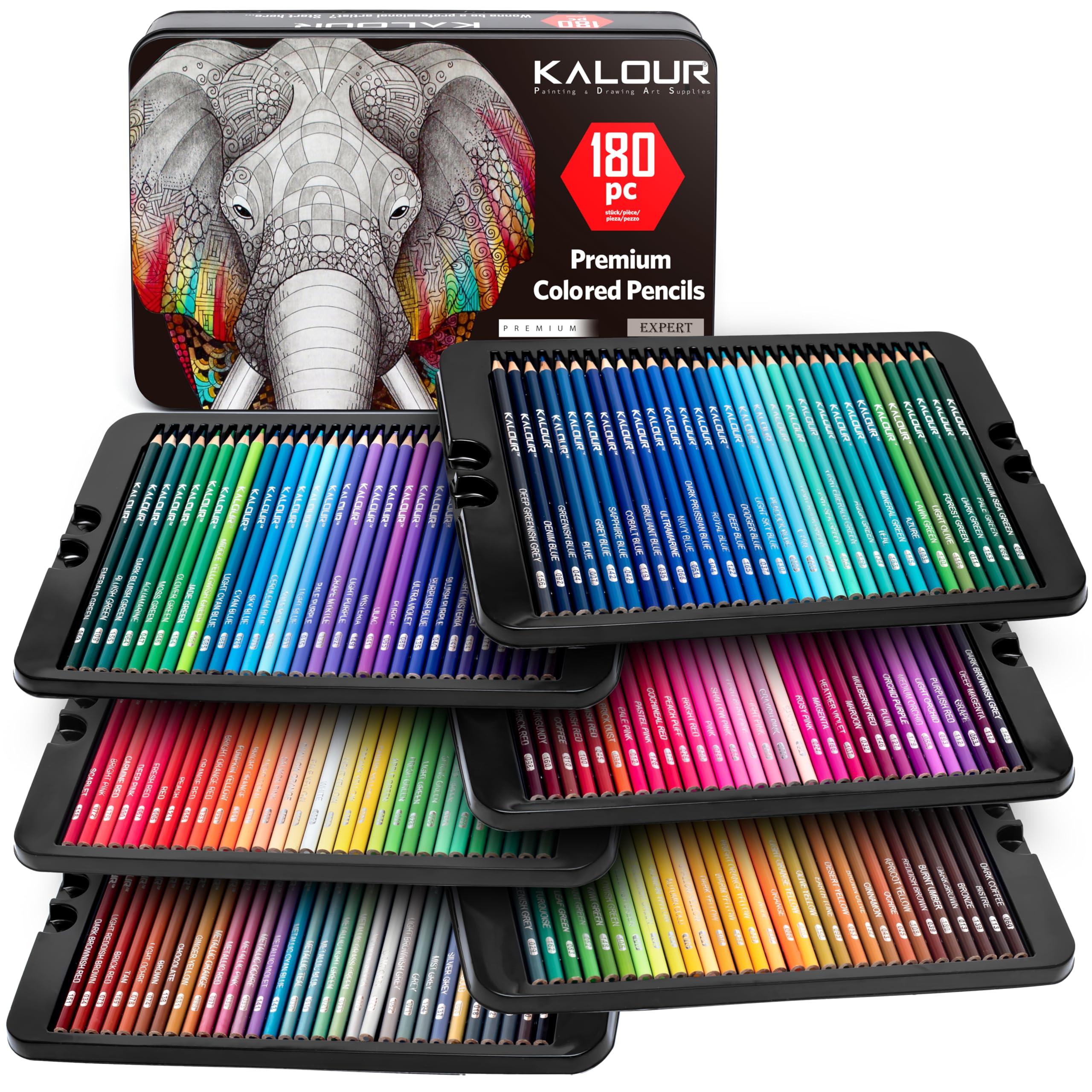 KALOUR 180 Colored Pencil Set for Adults Artists - Rich Pigment Soft Core -12 Metallic Pencil - Ideal for Coloring Drawing Sketching Shading Blending - Vibrant Color（Tin Case）