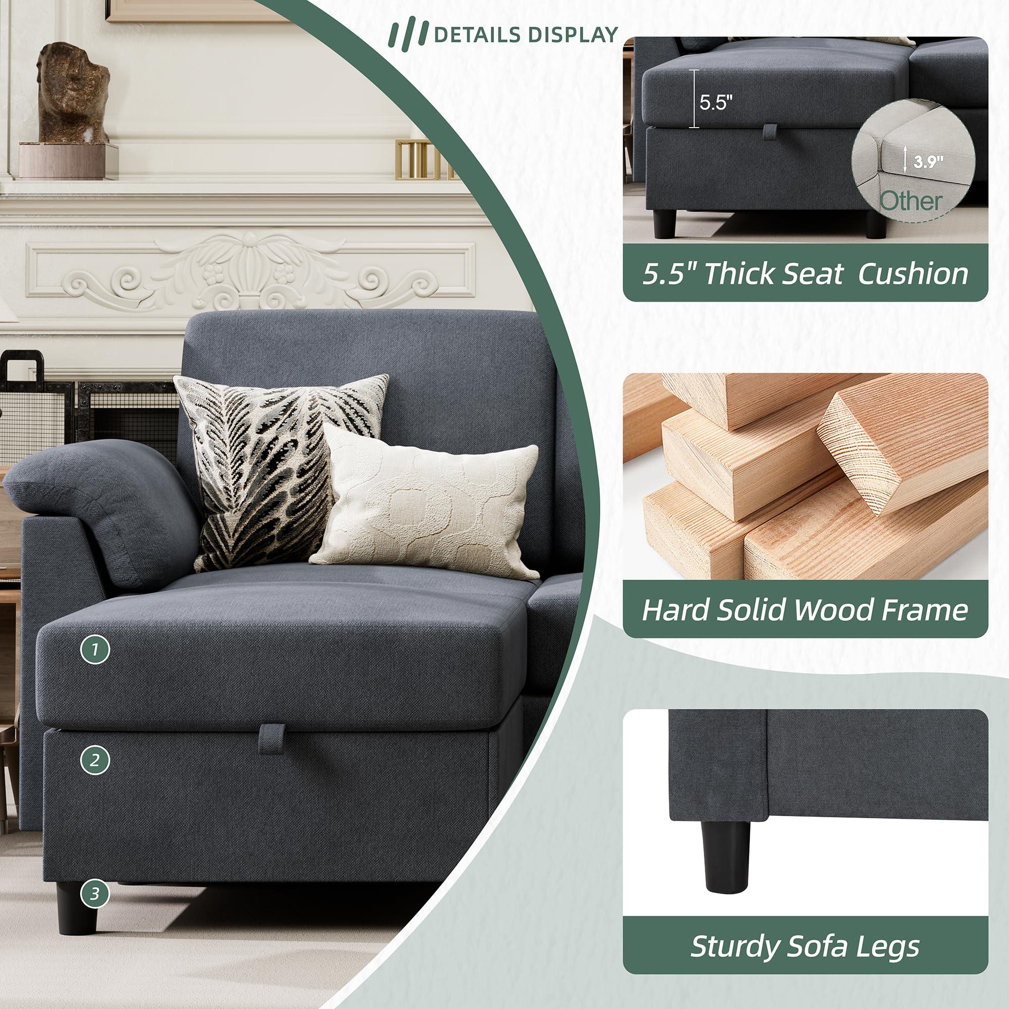 Vongrasig 79" Convertible Sectional Couch Sofa with Storage Ottoman, 3 Seat L Shaped Couch with Side Storage Pockage, Linen Fabric Small Couches for Living Room, Apartment and Small Space, Gre - Image 3