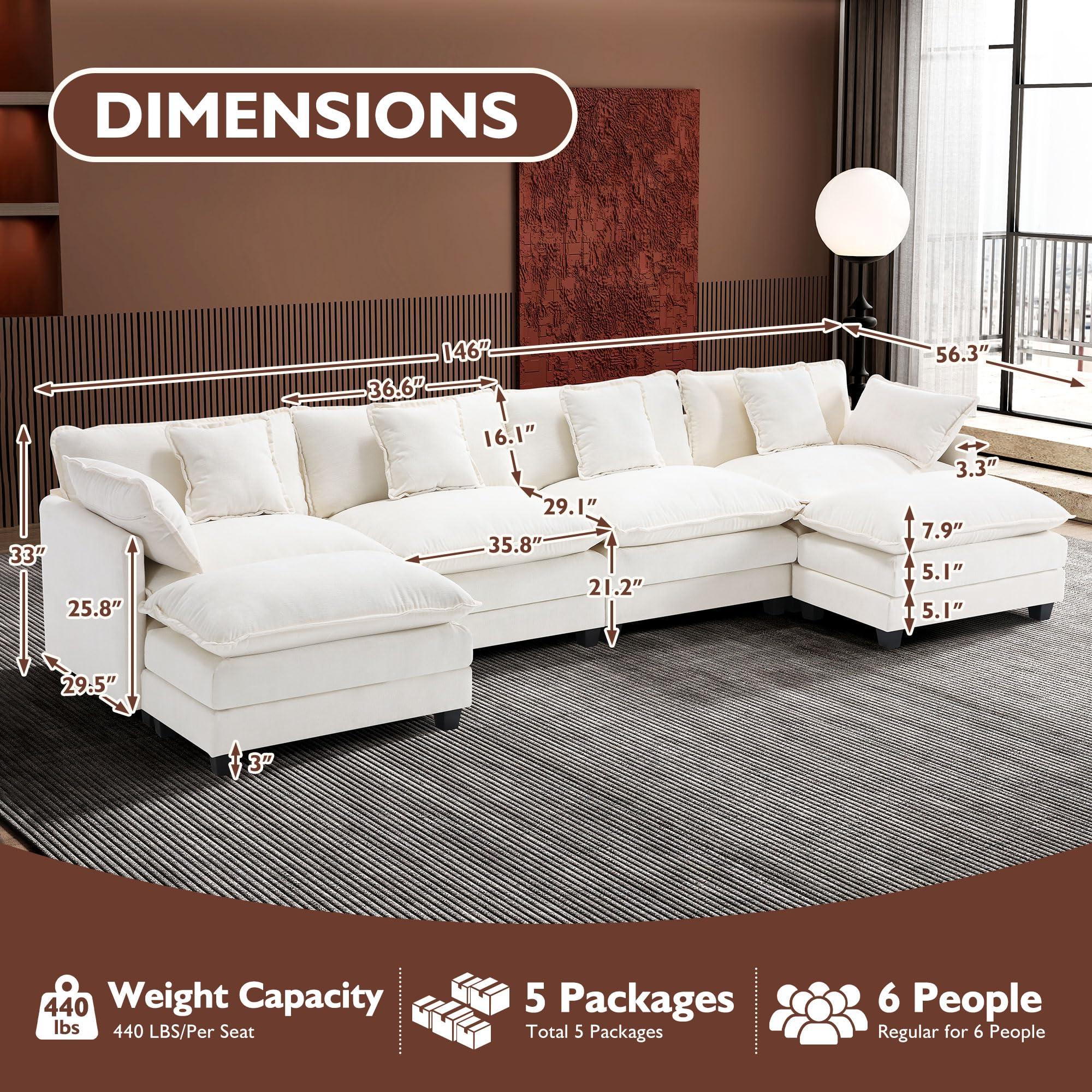 Ihanherry 146" U-Shaped Modern Sofa Modular Sectional Cloud Couch with 2 Ottoman, 6-Seat Chenille Deep Seat Sofa with 6 Pillows for Living Room, Bedroom and Apartment, Beige - Image 5