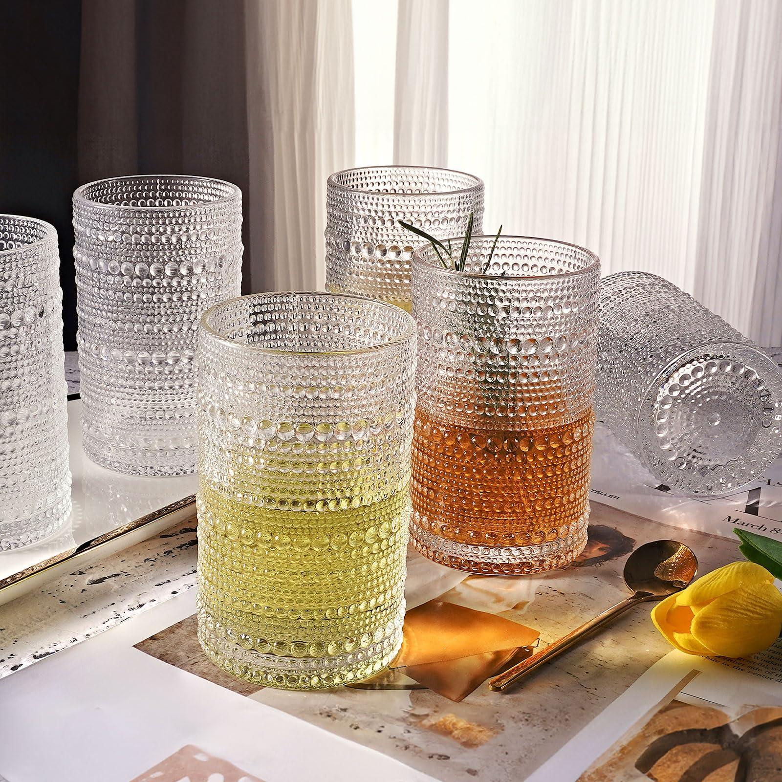 OPAYLY hobnail drinking glasses Highball Glasses Set of 4 12oZ Embossed Vintage Drinking Water Cocktail Whiskey Beverages Juice Milk Soda Gift for Men Women - Image 2