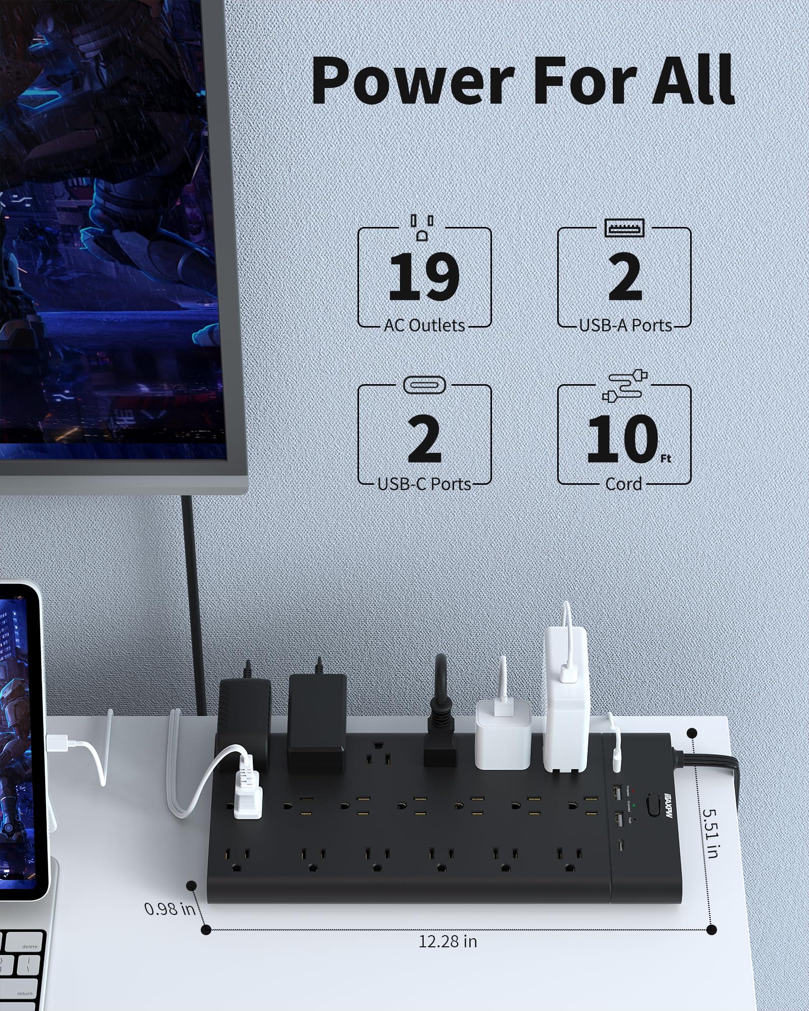 Power Strip Surge Protector Outlet Extender with 19 Outlets and 4 USB Ports (2 USB C), 10 Ft Extension Cord & Flat Plug, 2100 Joules, Wall Mount for Home, Office, Dorm, Black - Image 2