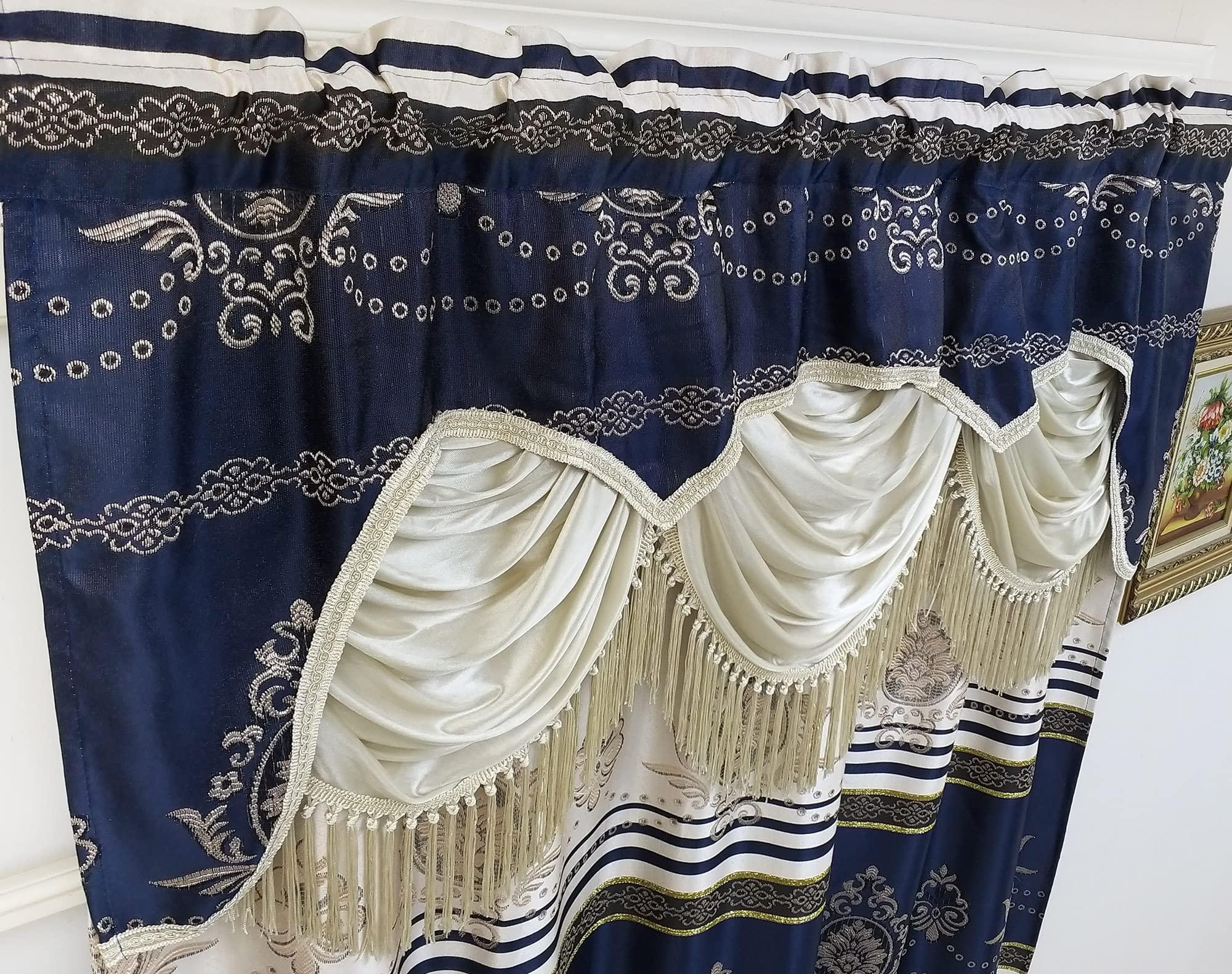 GOHD Harmony Horizon. Jacquard Farmhouse Window Curtain Panel Drape with Attached Fancy Valance. 2pcs Set. Each pc 54" Wide x 90" Drop with 18" Valance. (Navy Blue) - Image 4
