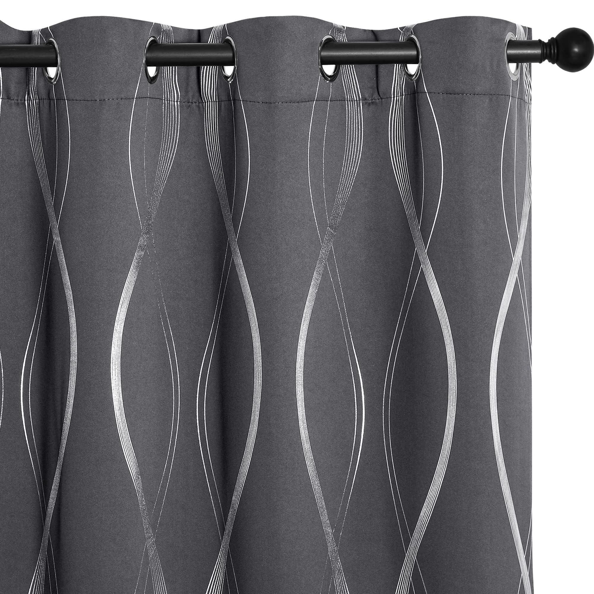 NICETOWN Grey Blackout Curtains for Bedroom/Living Room 84 inch Length 2 Panels Set, Noise Reducing Thermal Insulated Wave Line Foil Print Drapes for Patio Sliding Glass Door (52 x 84)