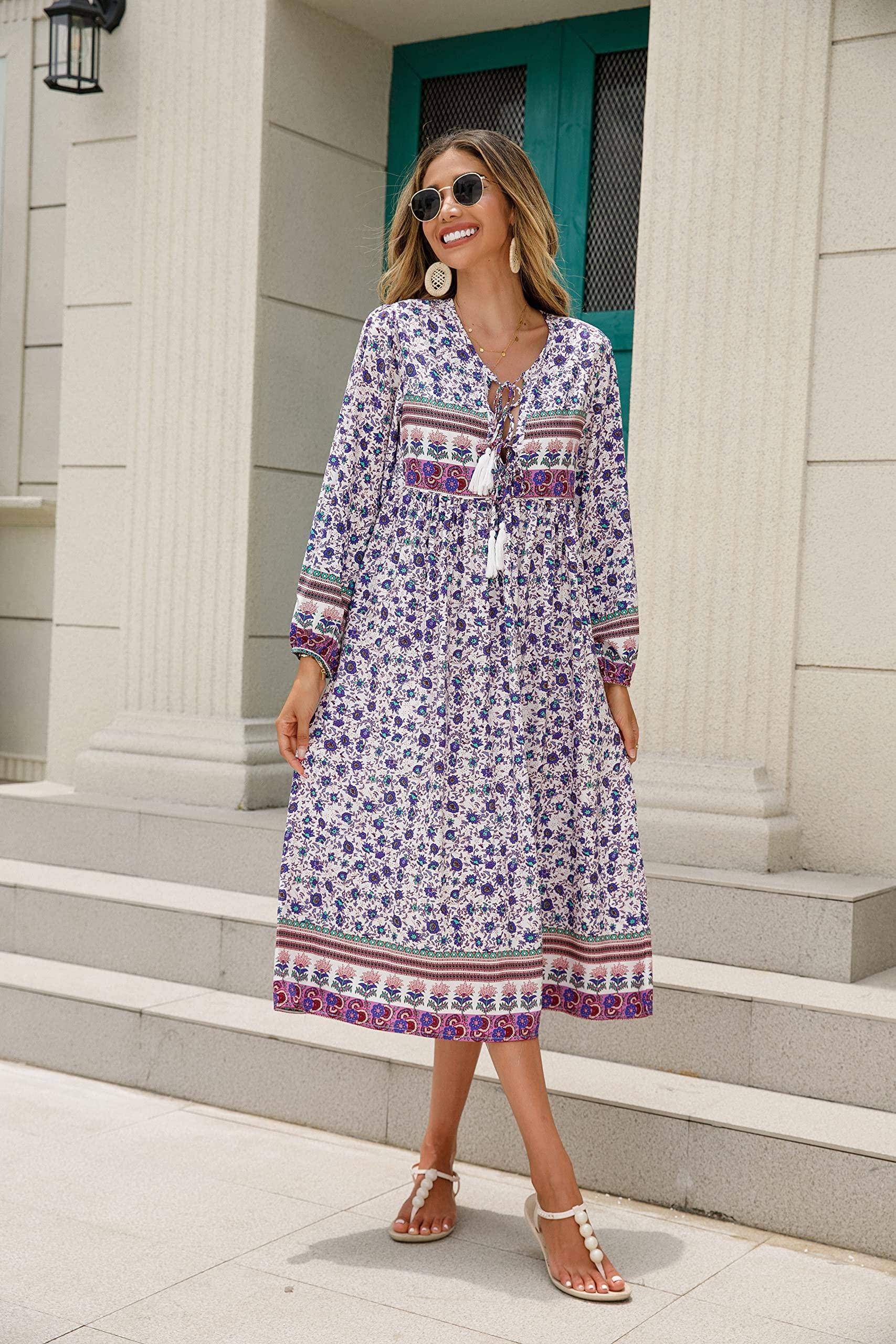 R.Vivimos Women's Long Sleeve Floral Print Retro V Neck Tassel Bohemian Midi Dresses - Image 3
