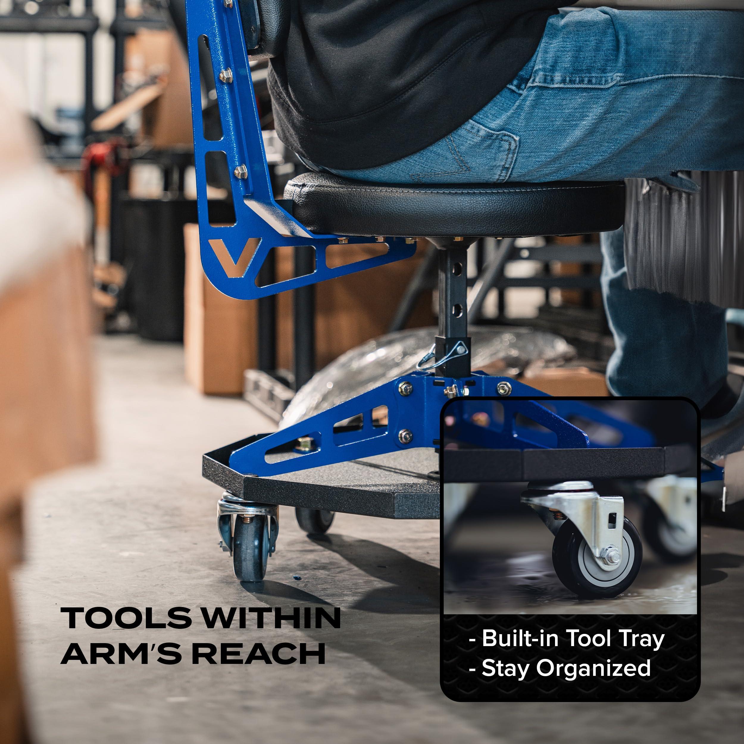 Vyper Robust Steel Sport Shop Chair for Mechanics, Automotive, DIY - 300 lb Capacity Garage Stool with Backrest & Large Wheels (Black Seat, Blue Frame) - Image 6