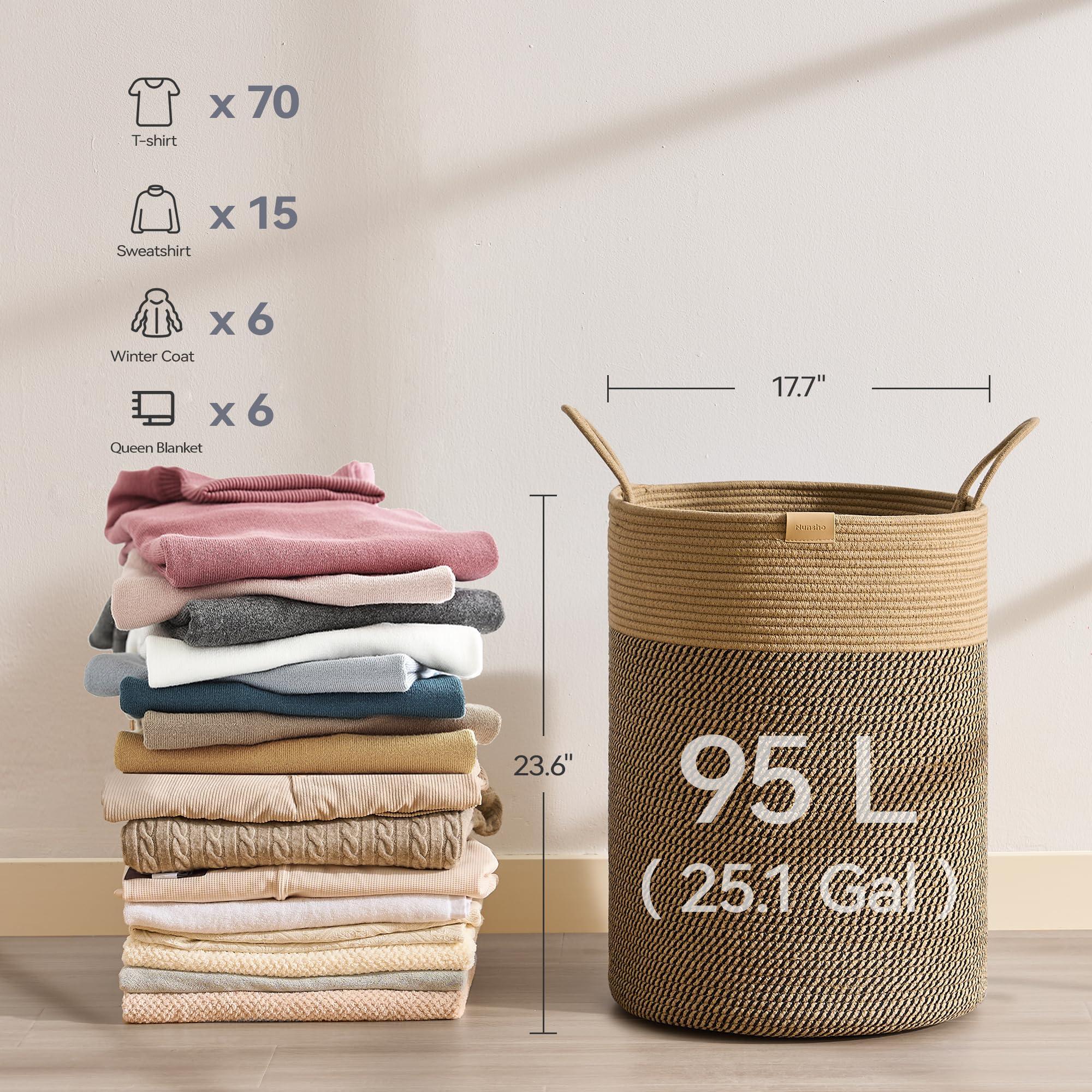 Nunsino Laundry Hamper 95L,Large Laundry Basket for Clothes,Decorative Storage Basket for Blankets,Cotton Rope Woven basket for bedroom,Dark Brown - Image 2