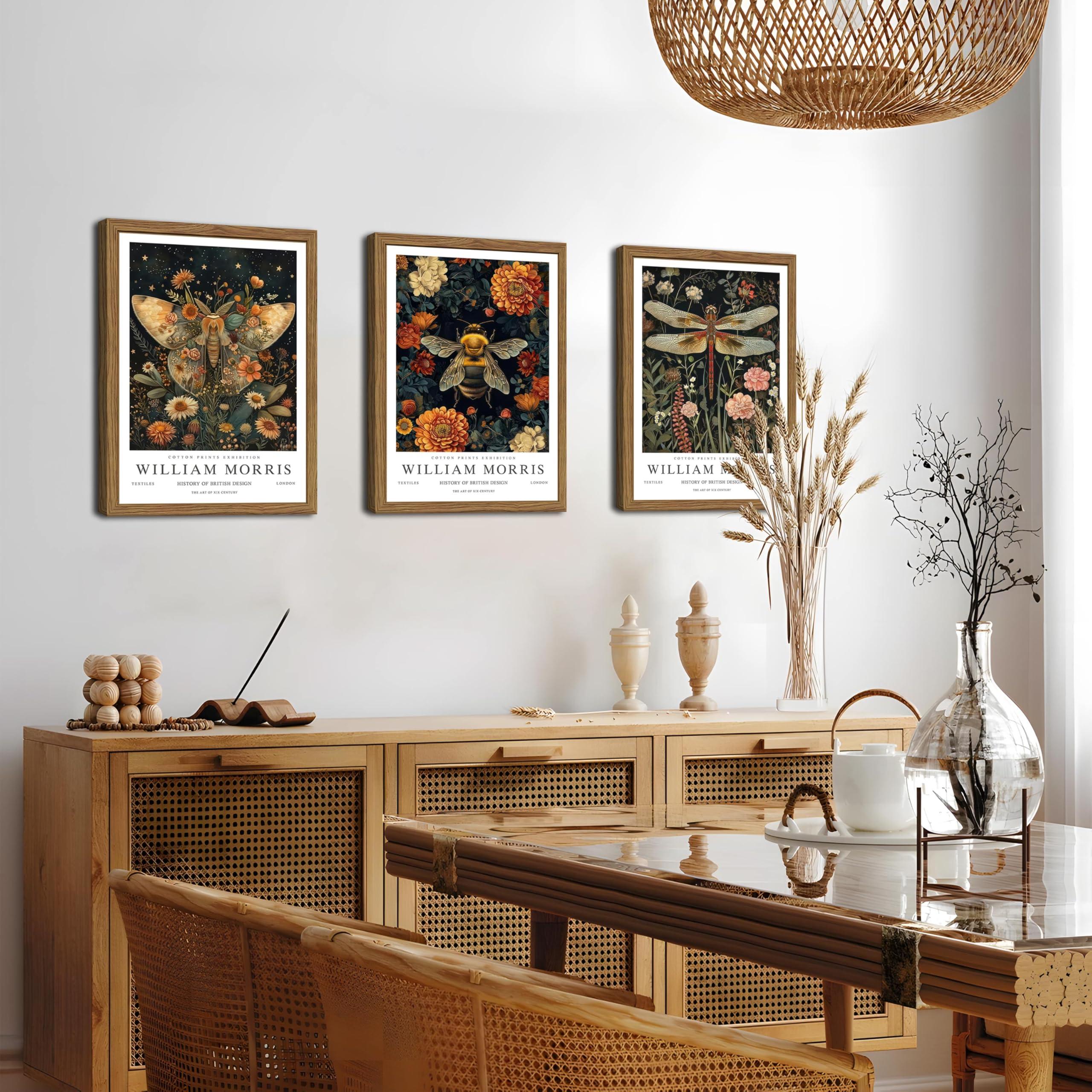 Wood Frame William Morris Wall Art Set of 3, Vintage Animal Bee Butterfly Dragonfly Posters Prints, Botanical Nature Flower Canvas Wall Decor Paintings for Living Room Bedroom Bathroom 12x16In Framed - Image 4