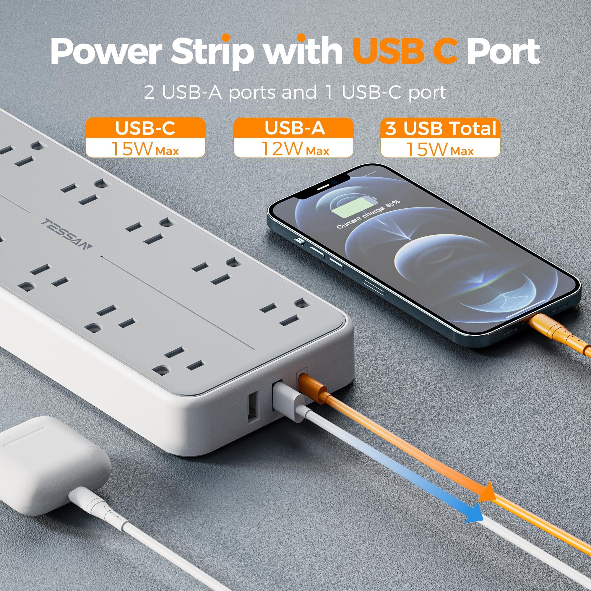 Surge Protector Power Strip, TESSAN Extension Cord with Multiple Outlets, 12 AC Outlets, 3 USB Ports(1 USB C), Flat Wall Plug, 5 Ft, 1700 Joules Protection for Home Office Dorm Room Essentials - Image 5