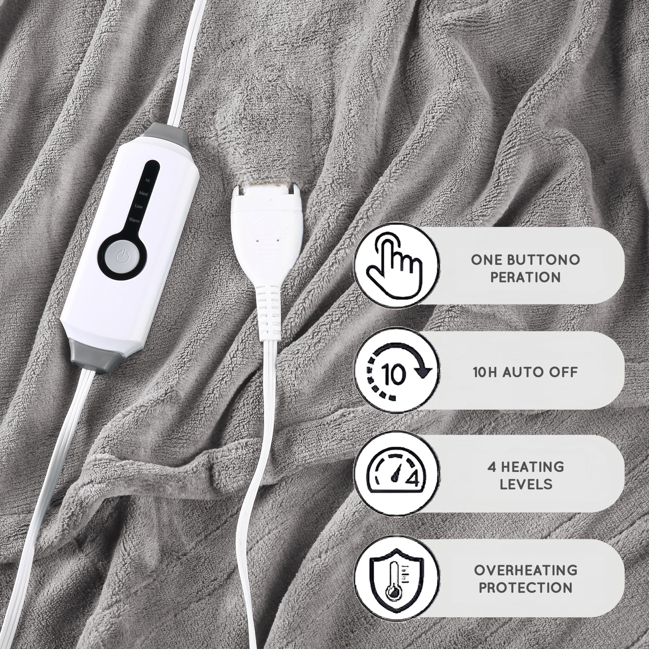 Electric Heated Blanket 72"x84" Full Size with 4 Heating Levels and 10 Hours Auto-Off Large Oversized Heating Blanket with Soft Plush Fabric for Bedding - Gray - Image 3
