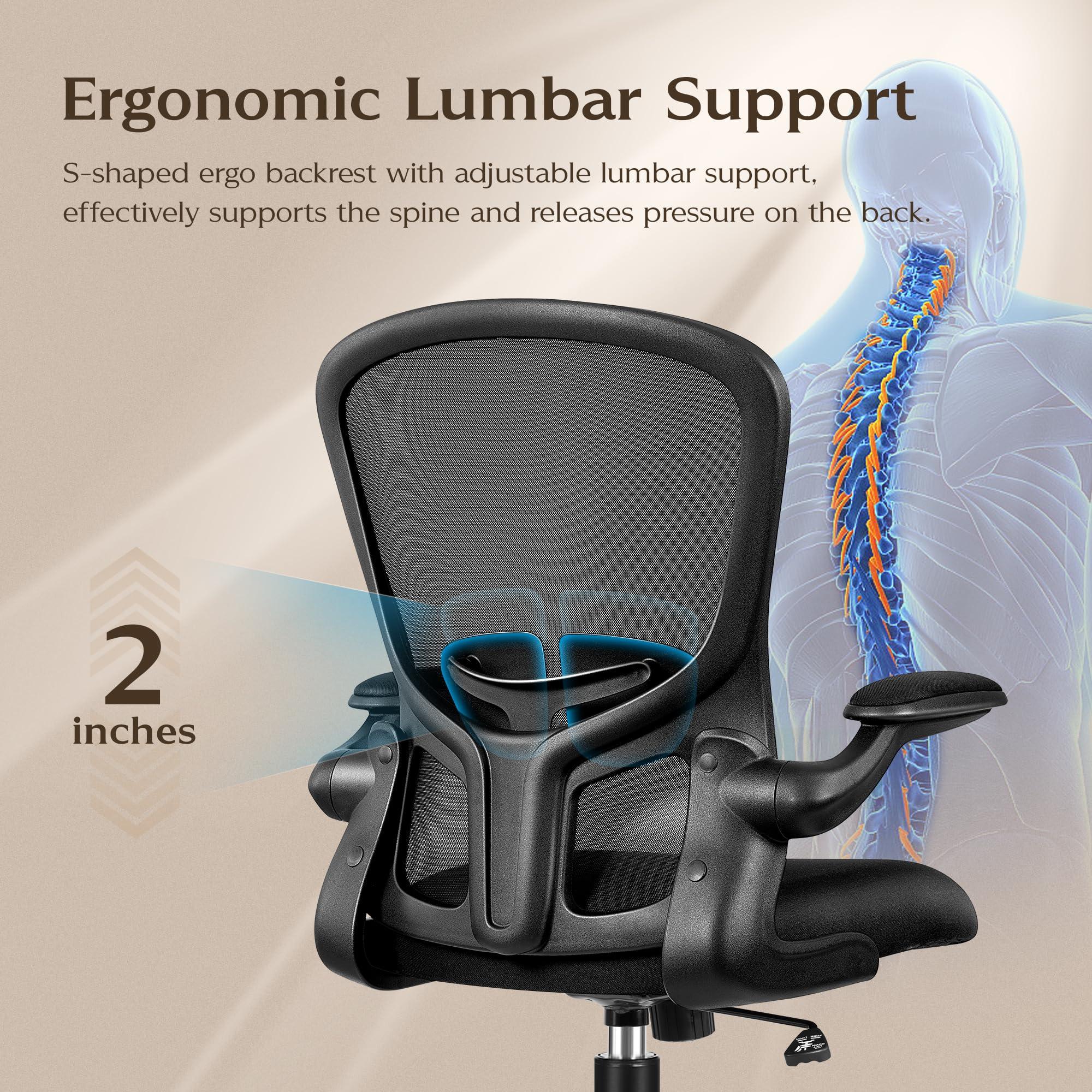 FelixKing Office Desk Chairs, Ergonomic PC Desk Chair with Wheels, Adjustable Lumbar Support and Height, Swivel Computer Chair with Flip-up Armrests, Ergo Mesh Backrest for Working (Black) - Image 4