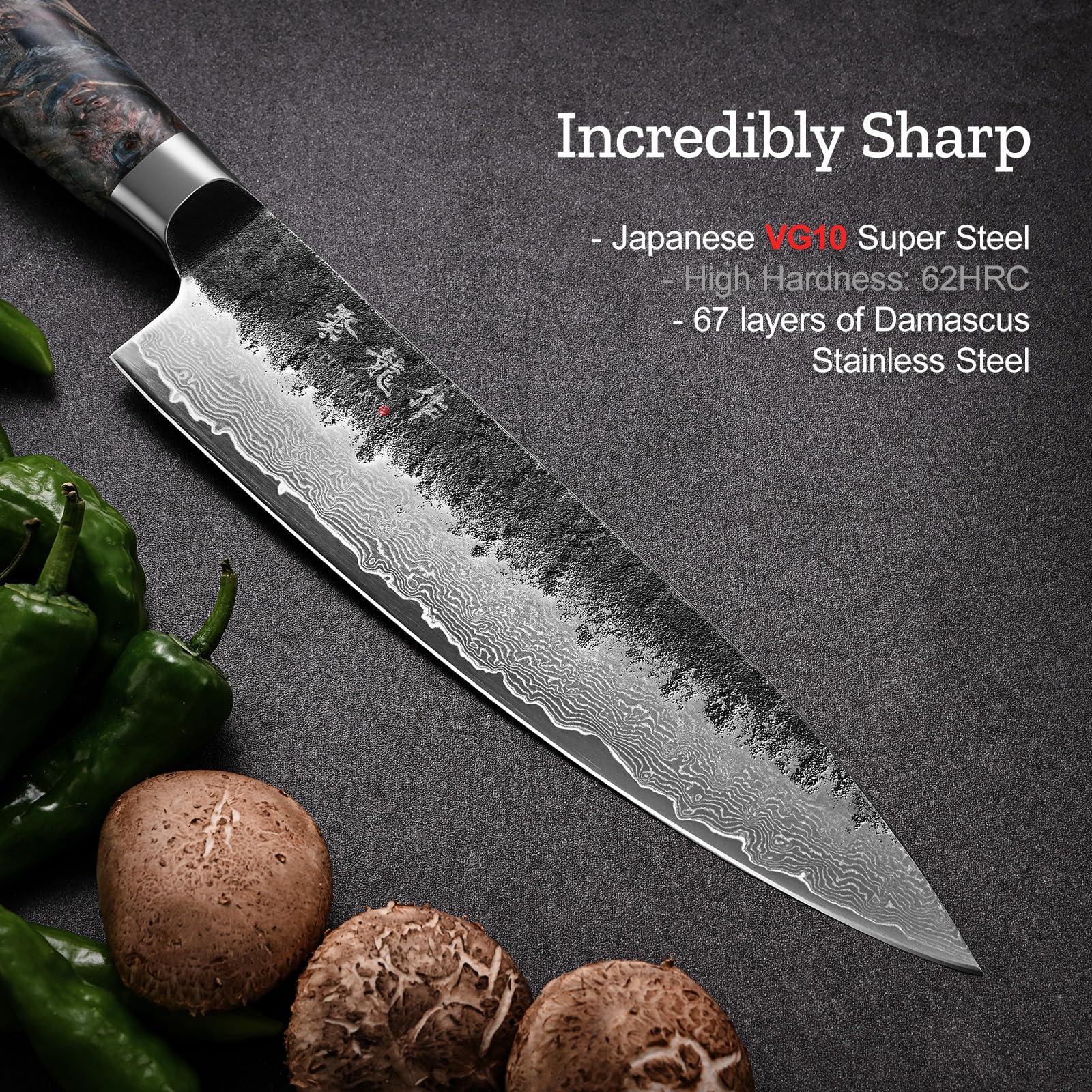 Japanese Chef Knife, 8 Inch Damascus Kitchen Knife with VG10 Steel Core, Professional Black Forged Kitchen Knives with Ergonomic Handle, Leather Sheath & Luxury Gift Box, Birthday Gifts for Men Women - Image 4