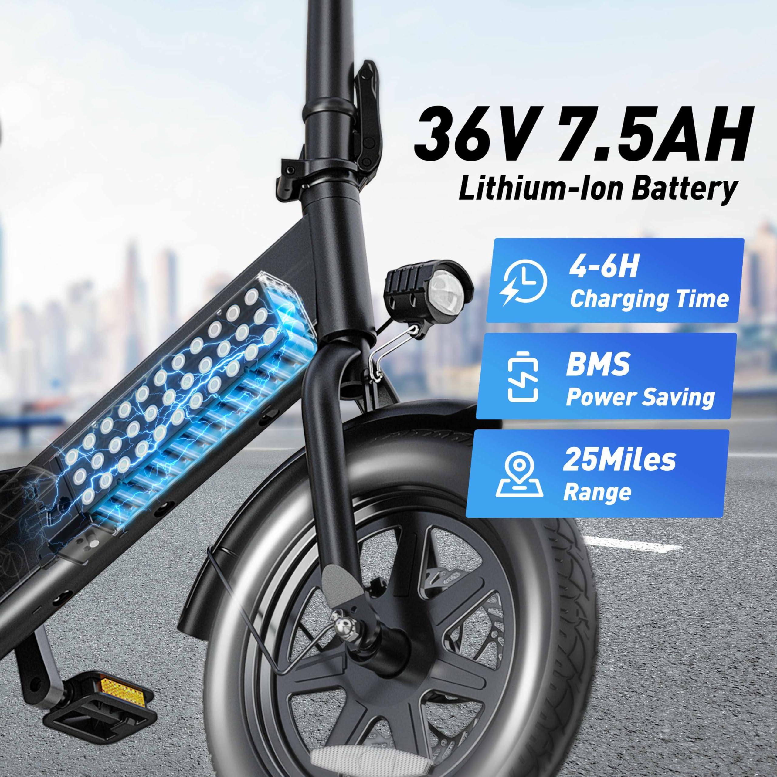 DYU Electric Bike for Adults Teens, Folding Electric Bicycle,Commuter City E-Bike with 350W Motor and 36V 7.5Ah Battery,3 Levels Assist, Dual Disc Brakes,14/16" Foldable ebike with Pedals - Image 5