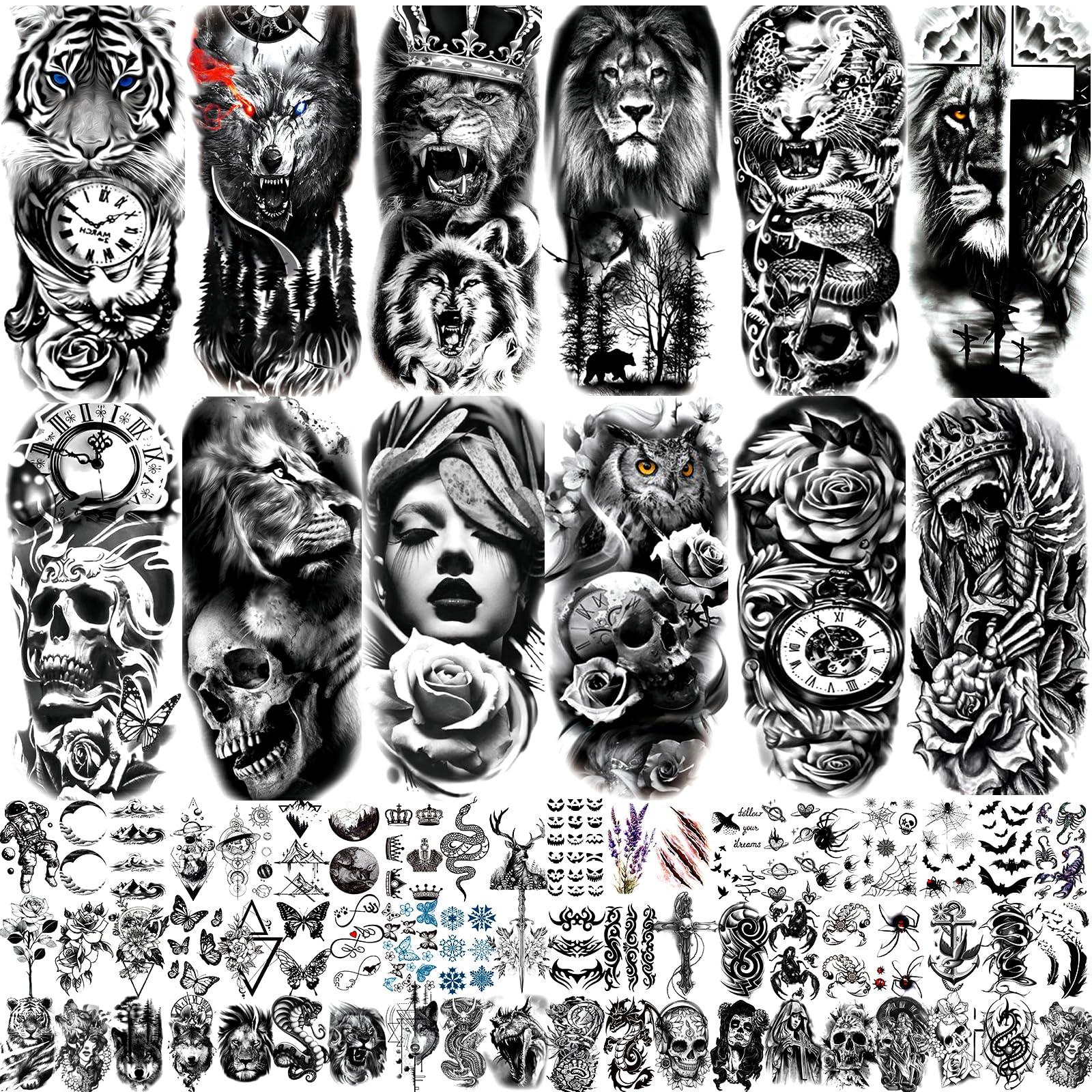JEEFONNA 72 Sheets Temporary Tattoo for Men Women Adults, Include 12 Sheets Black 3D Half Sleeve Temporary Tattoos, Halloween Tattoos Scary Lion Wolf Tiger Skull Skeleton Tattoos Stickers - Image 1