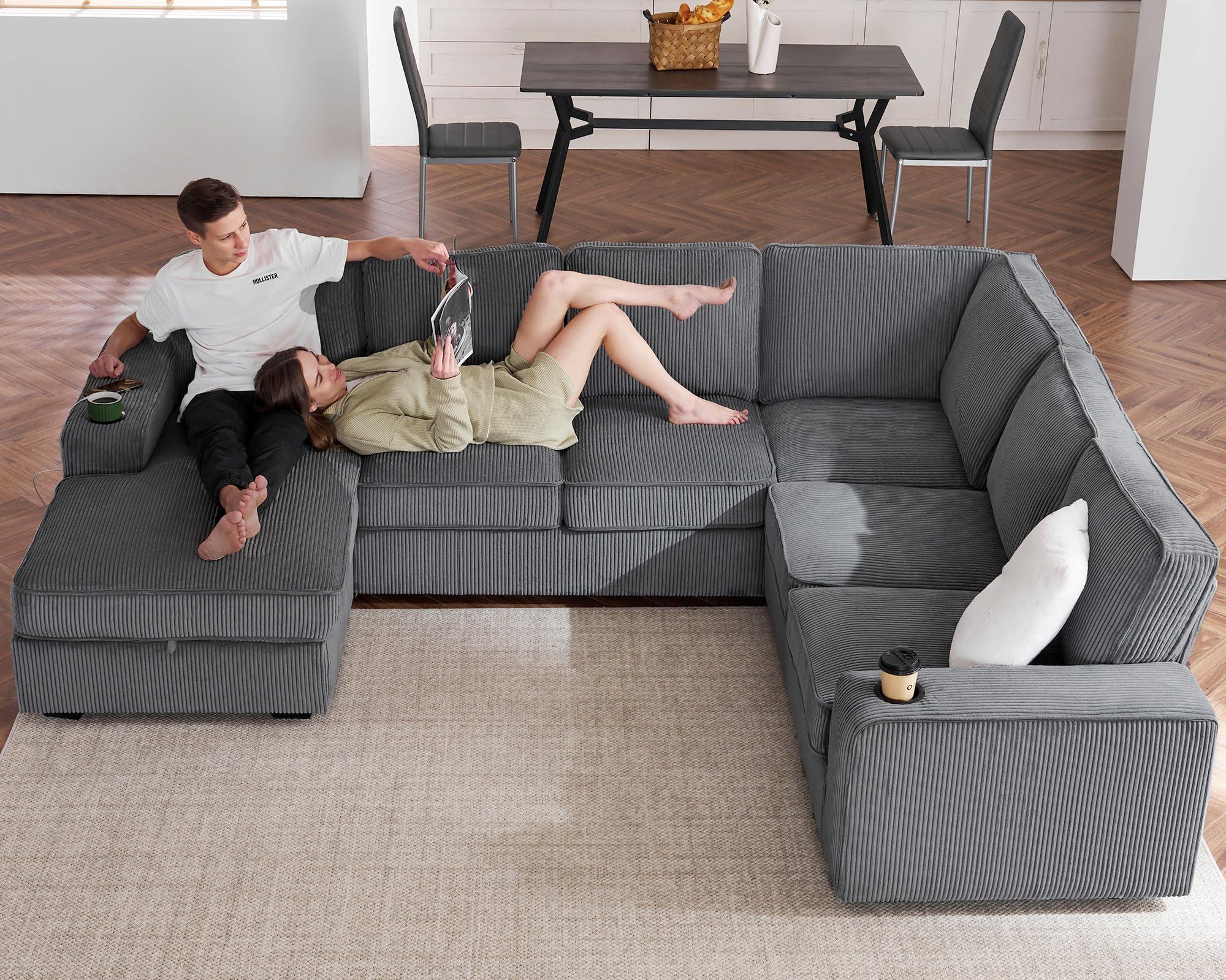 PaPaJet U Shaped Couch, 112 Inch Oversized Couch with Storage Chaise, Sectional Sofa with Cup Holders & 2 USB Ports, Corduroy Grey Sofa Couch - Image 6