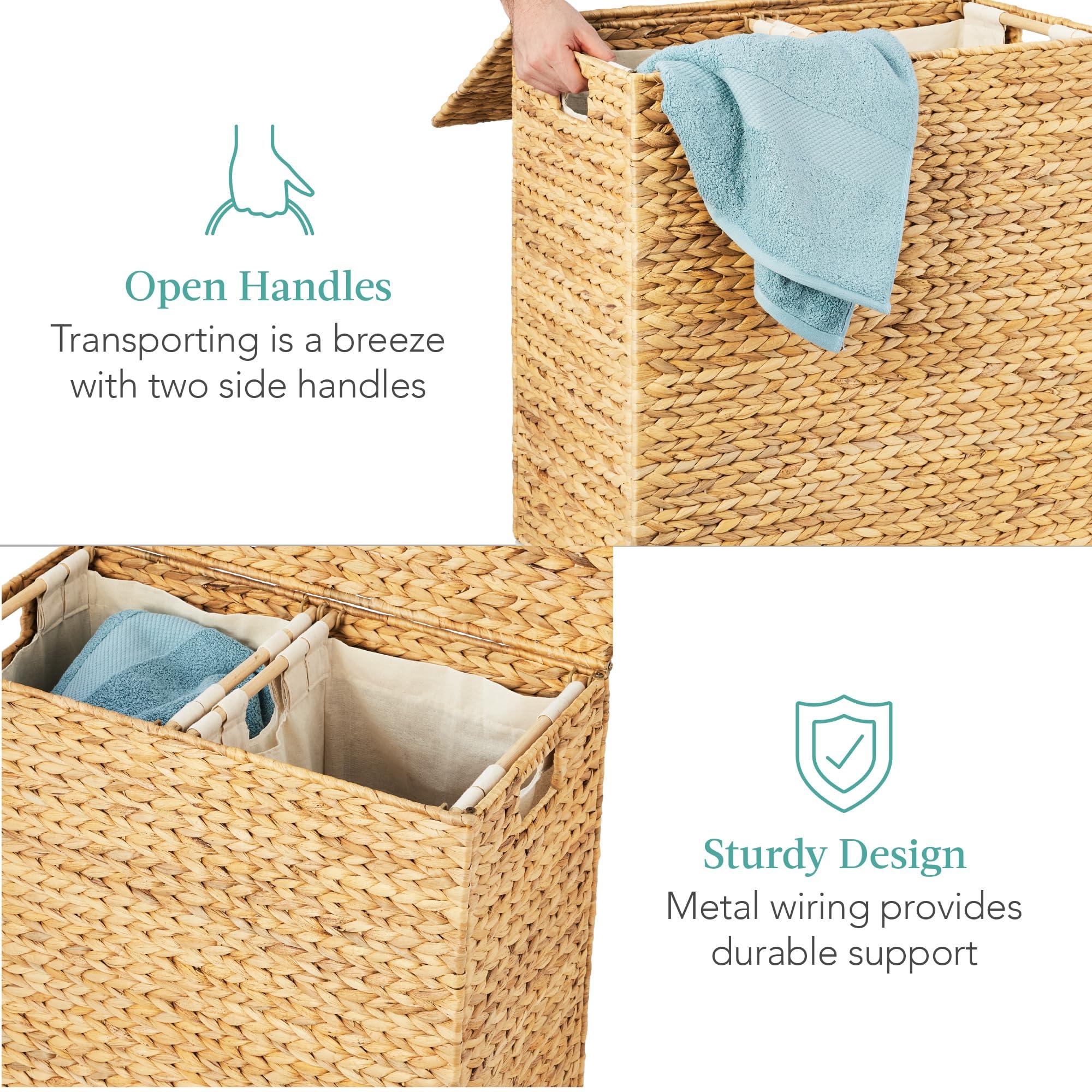 Best Choice Products Large Double Laundry Hamper with Lid, Natural Handwoven Water Hyacinth, 2 Sections w/ 2 Machine Washable Linen Liner Bags, Portable, Handles - Natural - Image 5