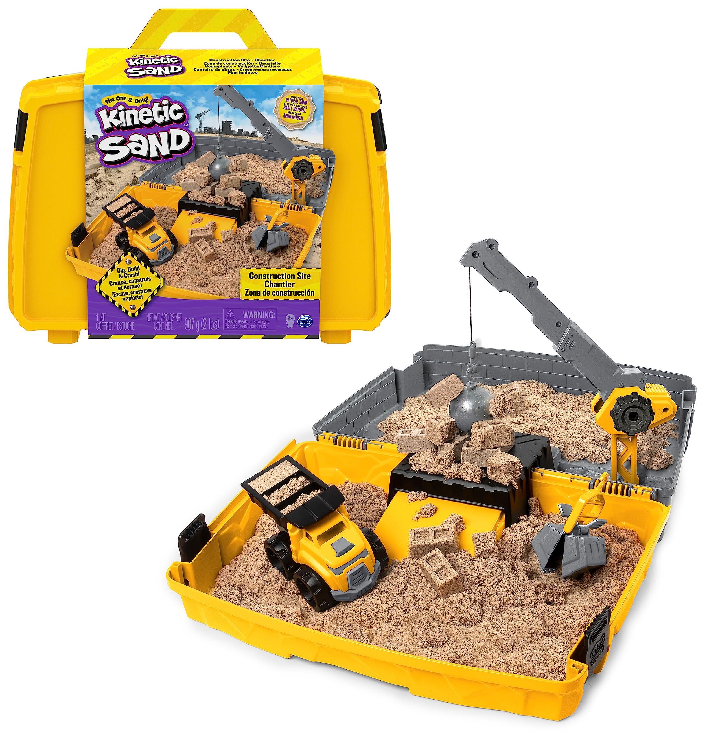 Kinetic Sand, Construction Site Folding Sandbox with 2lbs Play Sand & Toy Truck, Sensory Toys for Kids Ages 3 and up
