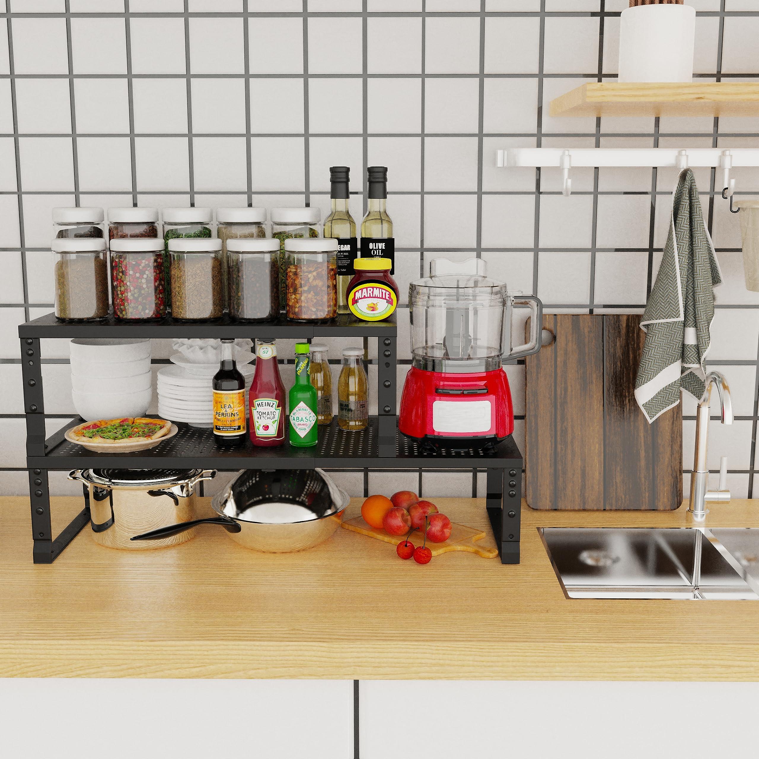 Jojocross Expandable Adjustable Stackable Kitchen Organizer, Spice Rack,Metal Pantry Storage Shelves Racks,Counter Shelf for Cabinets, Countertop, Cupboard(1 Pack/Medium/Black) - Image 2