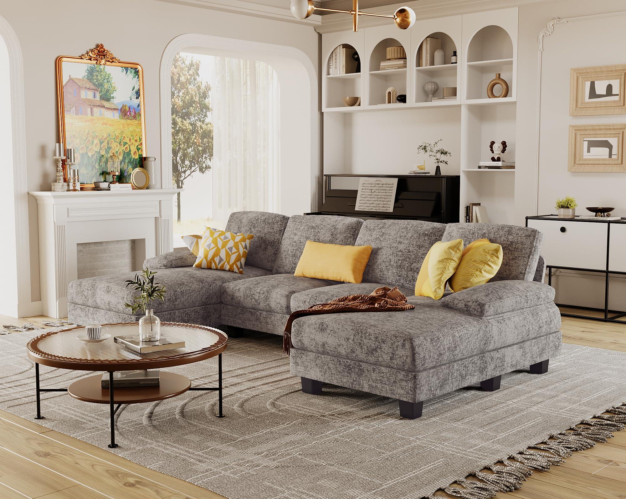 Furmax Sectional Couches for Living Room, U-Shaped Sofa Couch with Linen Fabric, 4 Seat Sofa Set with Double Chaise for Apartment (Fabric, Grey) - Image 6