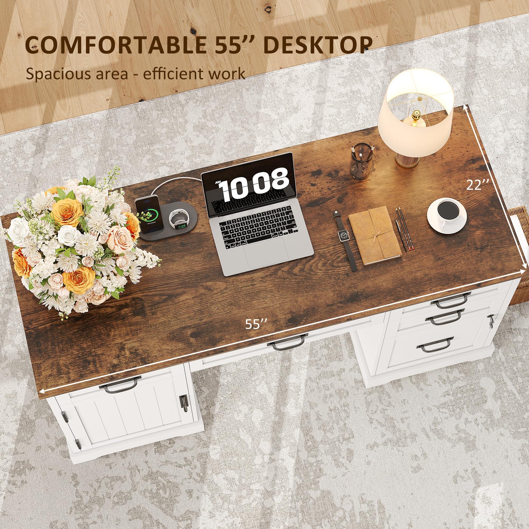 Whalefall 55'' Farmhouse Desk Home Office with Drawers, Executive Computer Desk Wooden with File Cabinet and Charging Station, White - Image 5