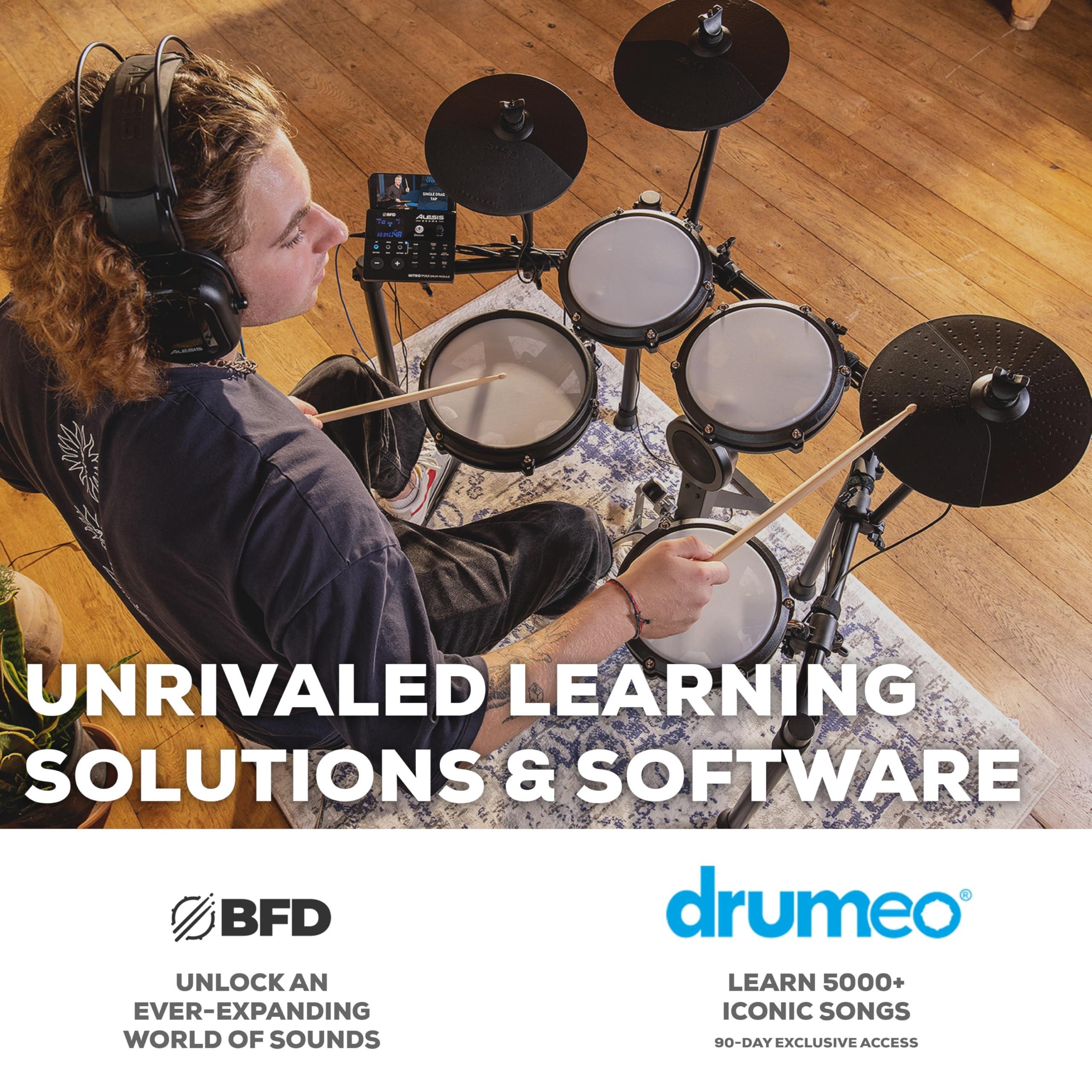 Alesis Nitro Max Kit Electric Drum Set with Quiet Mesh Pads, 10" Dual Zone Snare, Bluetooth, 440+ Authentic Sounds, Drumeo, USB MIDI, Kick Pedal - Image 5