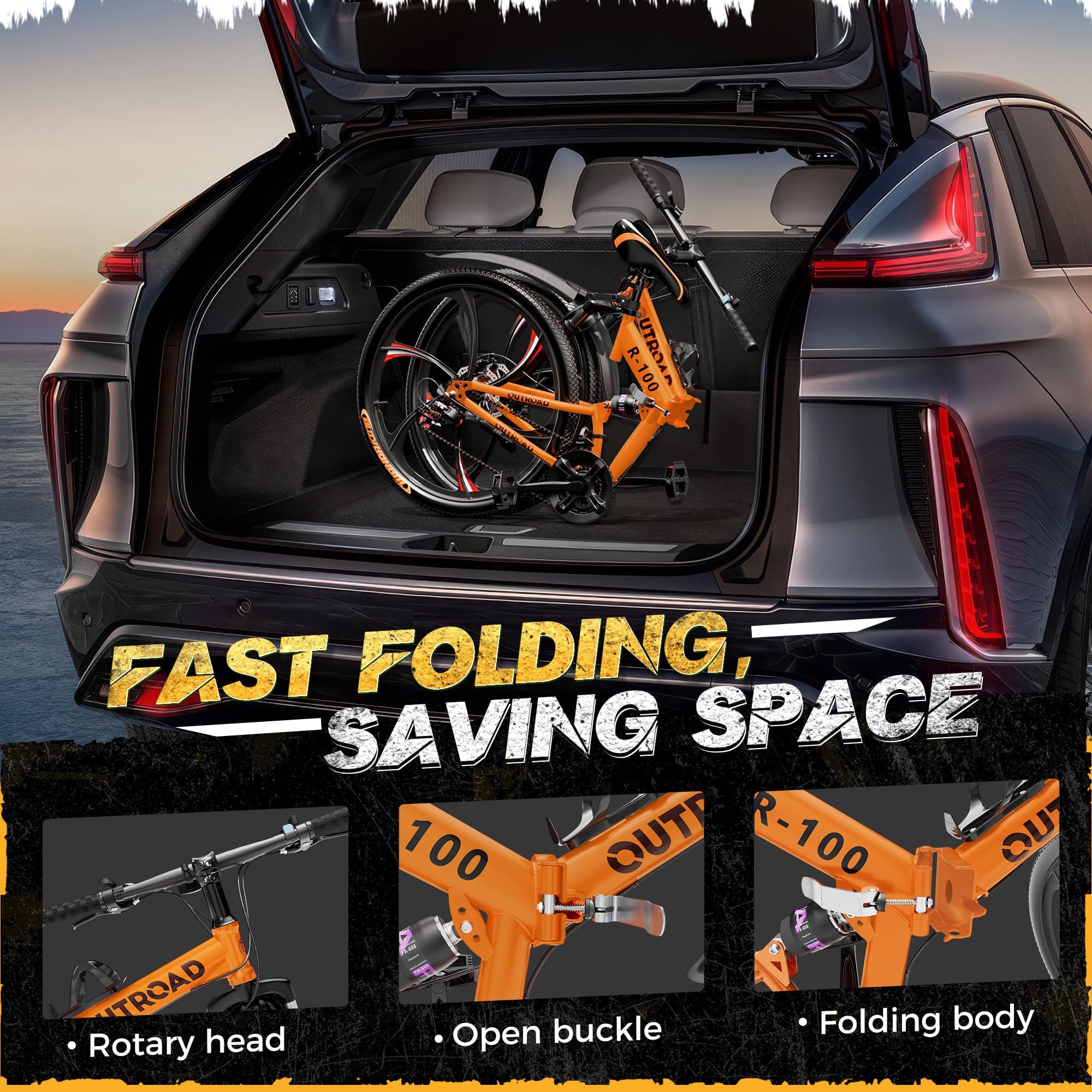 Outroad 26 Inch Folding Mountain Bike, 21 Speed Full Suspension High-Carbon Steel MTB Foldable Bicycle, Dual Disc Brake Non-Slip Folding Bikes for Adults/Men/Women, Black, Orange and Green - Image 6