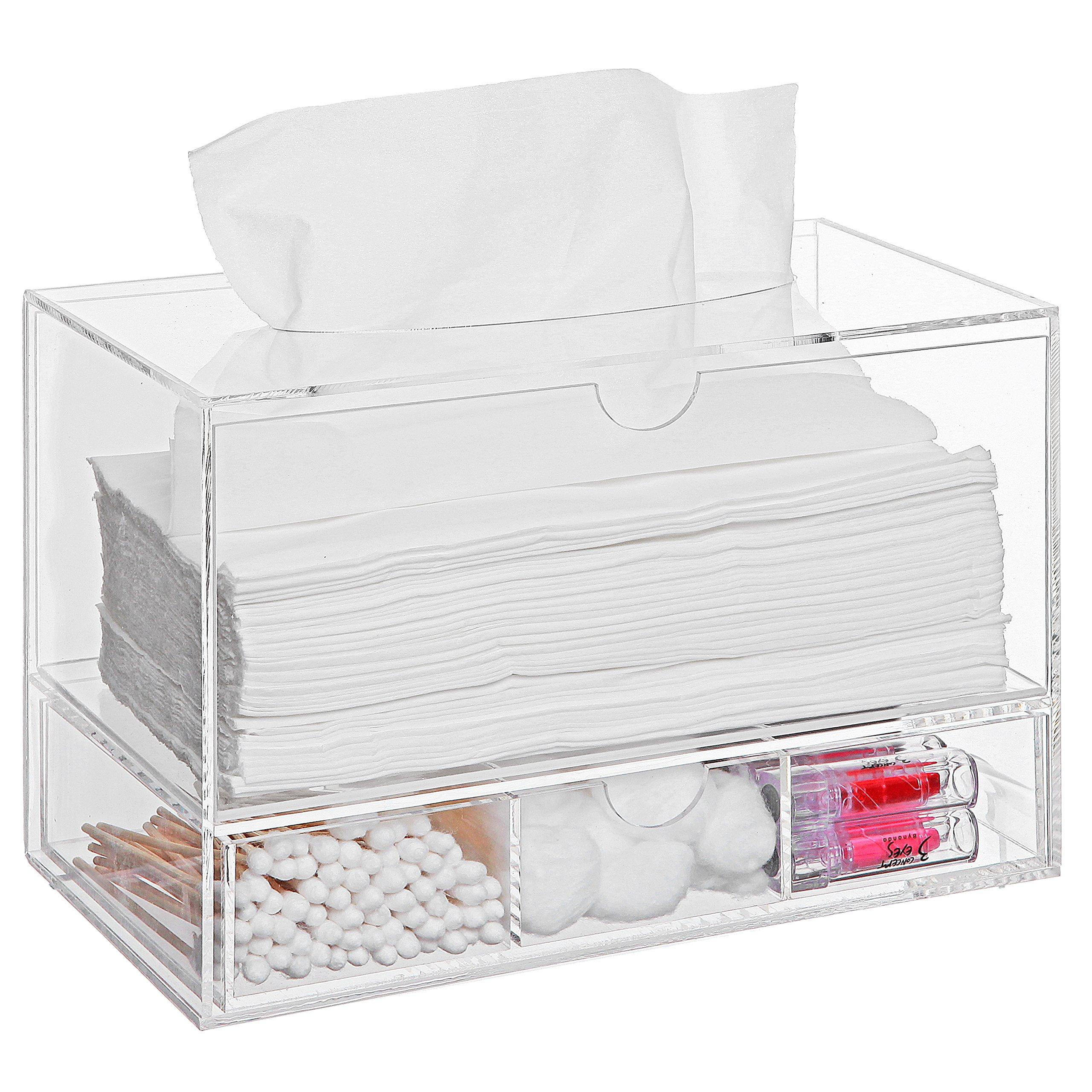 Modern Clear Acrylic Facial Tissue Dispenser Holder with Pull-Out Drawer for Makeup Cosmetics and Accessories, Vanity Countertop Bathroom Supplies Caddy - Image 4