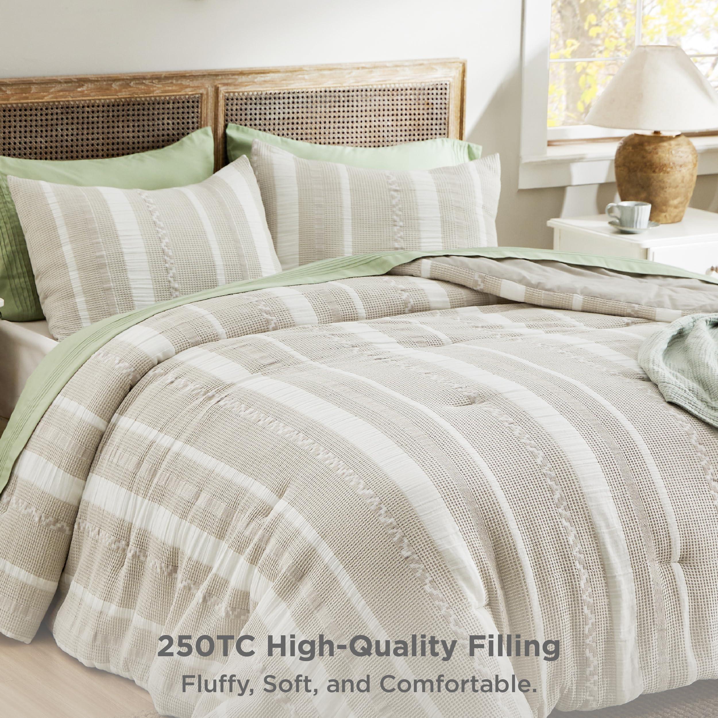 Bedsure Waffle Queen Comforter Set - Linen Soft Cotton Bedding Set for All Seasons, Stripe Fluffy Bed Set 3 Pieces with 1 Waffle Weave Comforter Queen Size and 2 Pillow Shams - Image 6