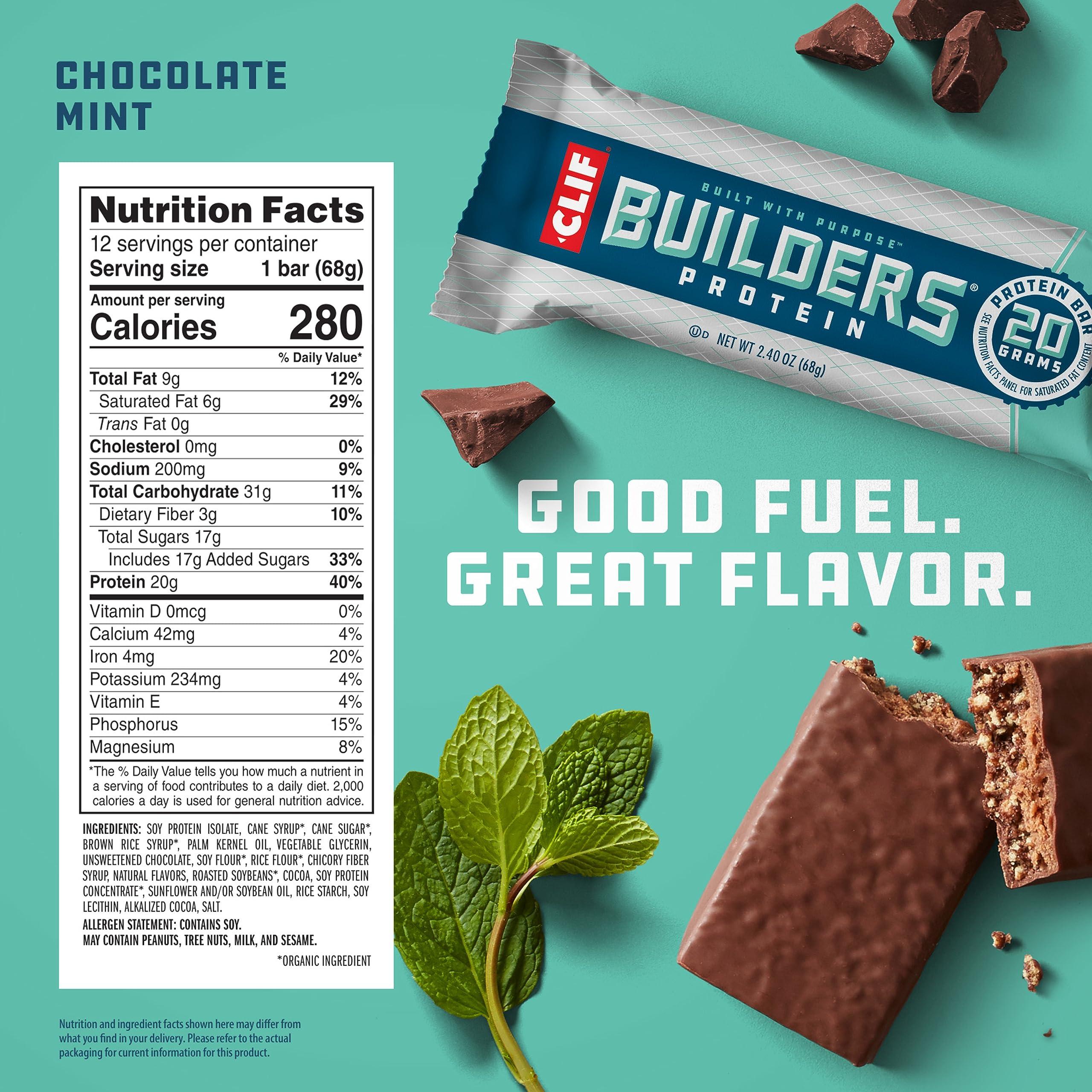 CLIF BUILDERS Protein Bars - Chocolate Mint Flavor - 20g Plant Based Protein - Gluten Free - Non-GMO - Low Glycemic - No Artificial Sweeteners - Value Pack, 2.4 oz. (12 Count) - Image 2