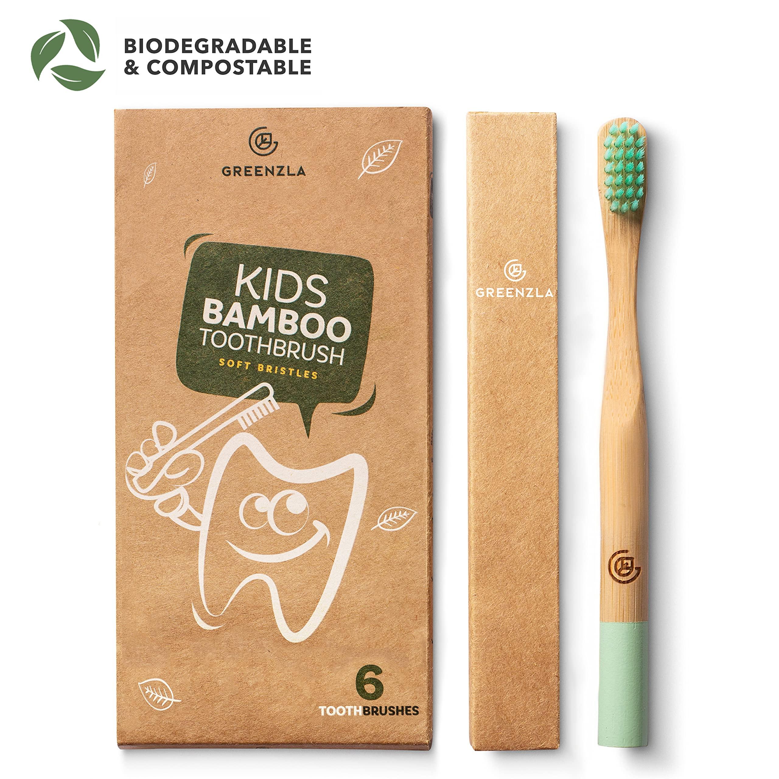 Greenzla Kids Bamboo Toothbrushes (6 Pack) | BPA Free Soft Bristles Toothbrushes | Eco-Friendly, Natural Bamboo Toothbrush Set | Biodegradable & Compostable Charcoal Wooden Toothbrushes - Image 2