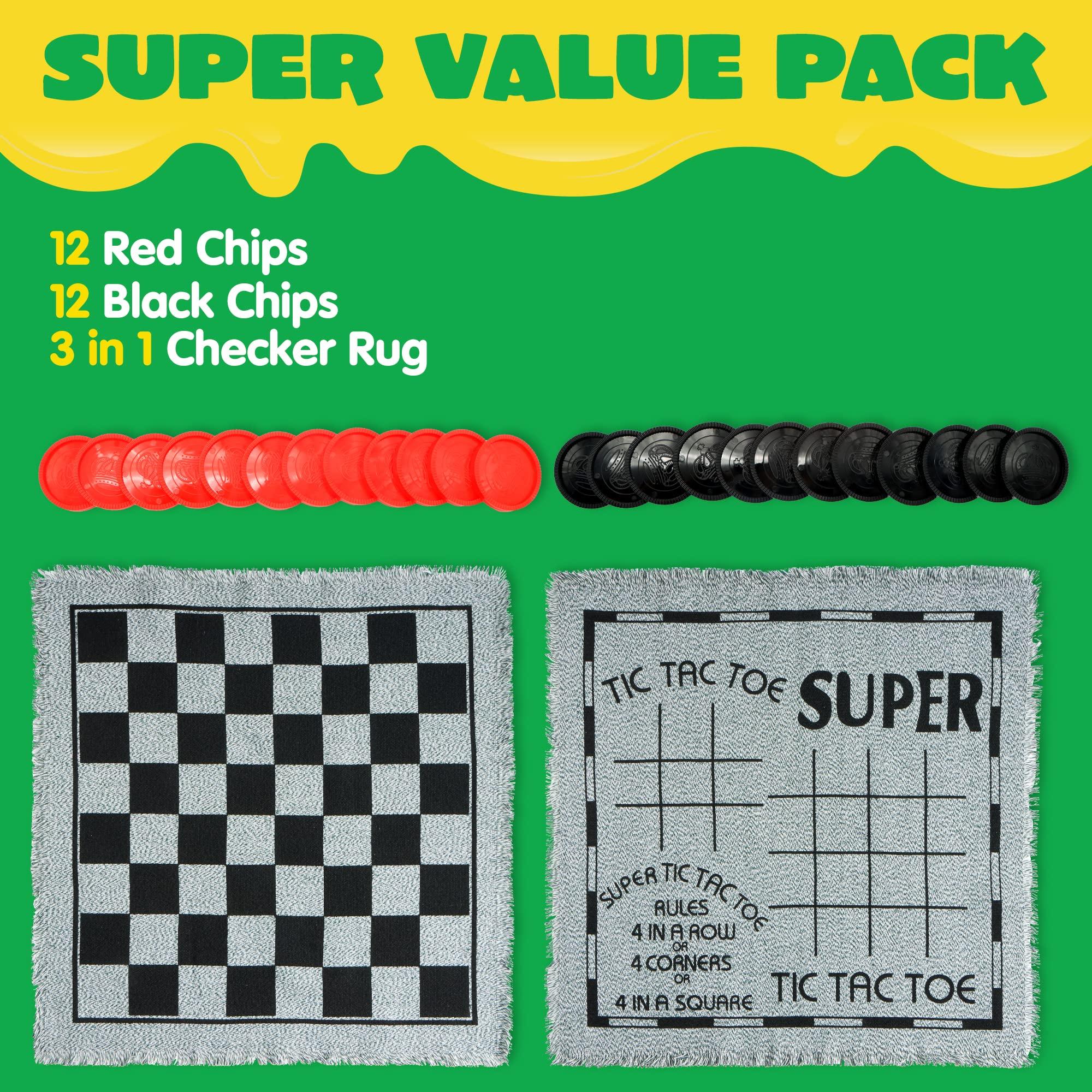 3-in-1 Vintage Giant Checkers, Tic, Tac, Toe, with Reversible Mat, 24 Chips, Family Board Game, Lawn Game, BBQ Party Favor, Indoor and Outdoor Activity for Kids and Adults - Image 3