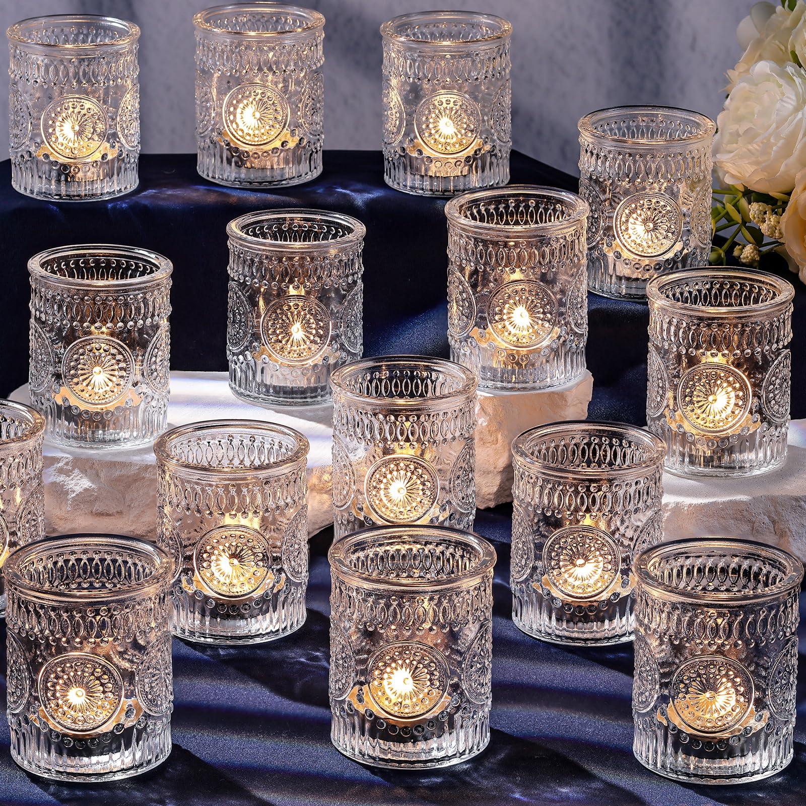 DARJEN Clear Votive Candle Holders Set of 36- Glass Candle Holders Bulk for Tea Light Candle, Embossed Candle Votives for Wedding Centerpiece, Living Room & Home Table Decor