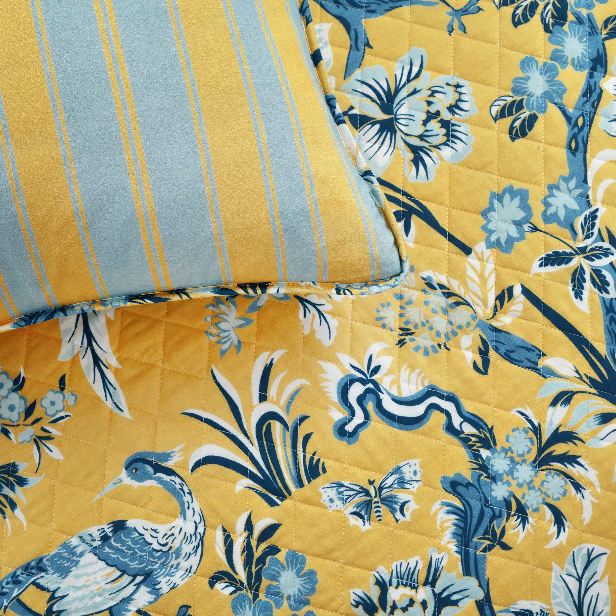 Lush Decor Dolores Reversible Cotton Quilt Set, 3 Piece Set, Full/ Queen, Yellow & Blue - Toile Bedding Set - Floral & Bird Quilt - Cottage, Maximalist & French Country Bedroom Decor - Image 6