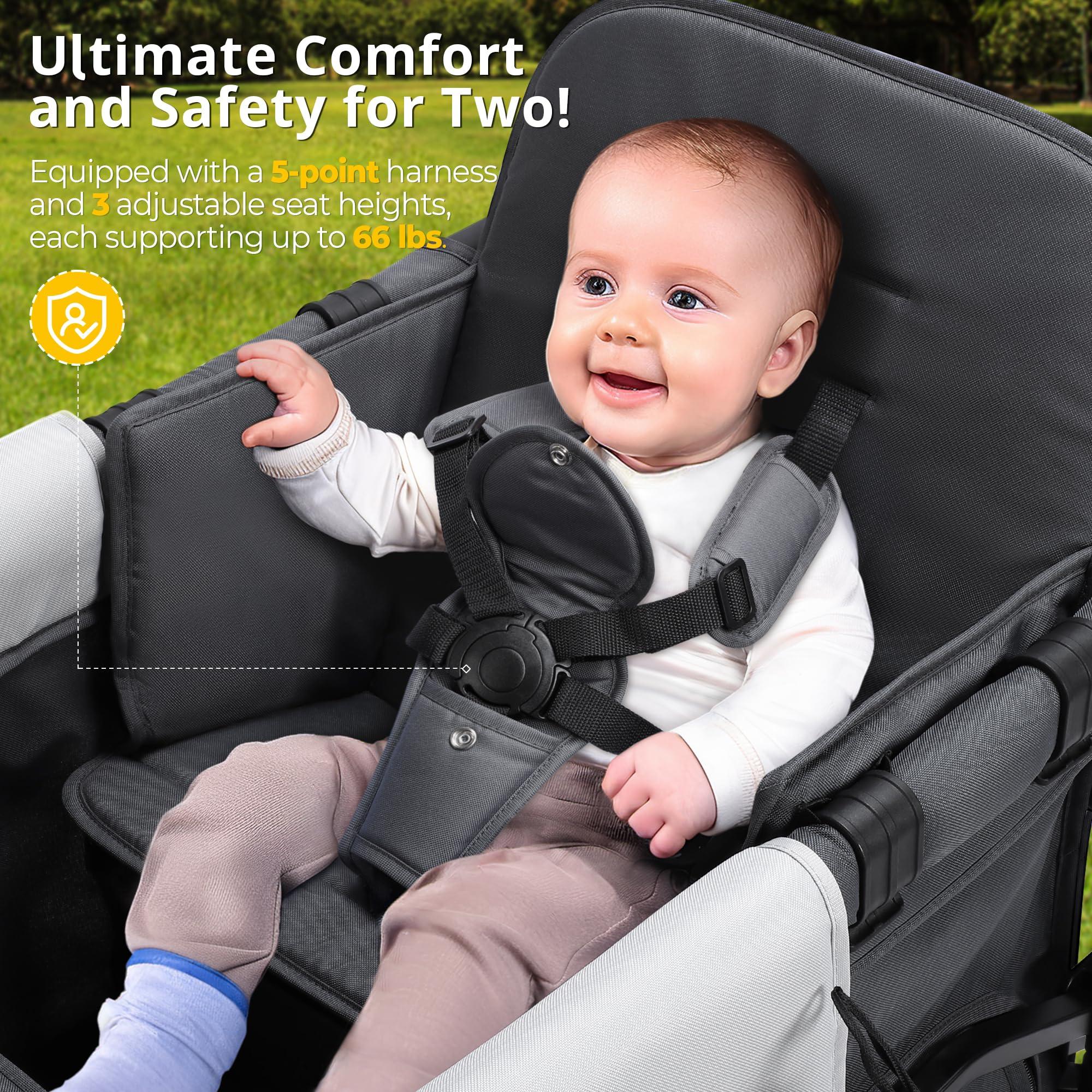 MOMFANN Double-Seater Baby Wagon with Canopy, Push Pull Stroller with Adjustable Handle, Wagon Stroller for 2 Kids & Outdoor Adventures (Dark Grey) - Image 4