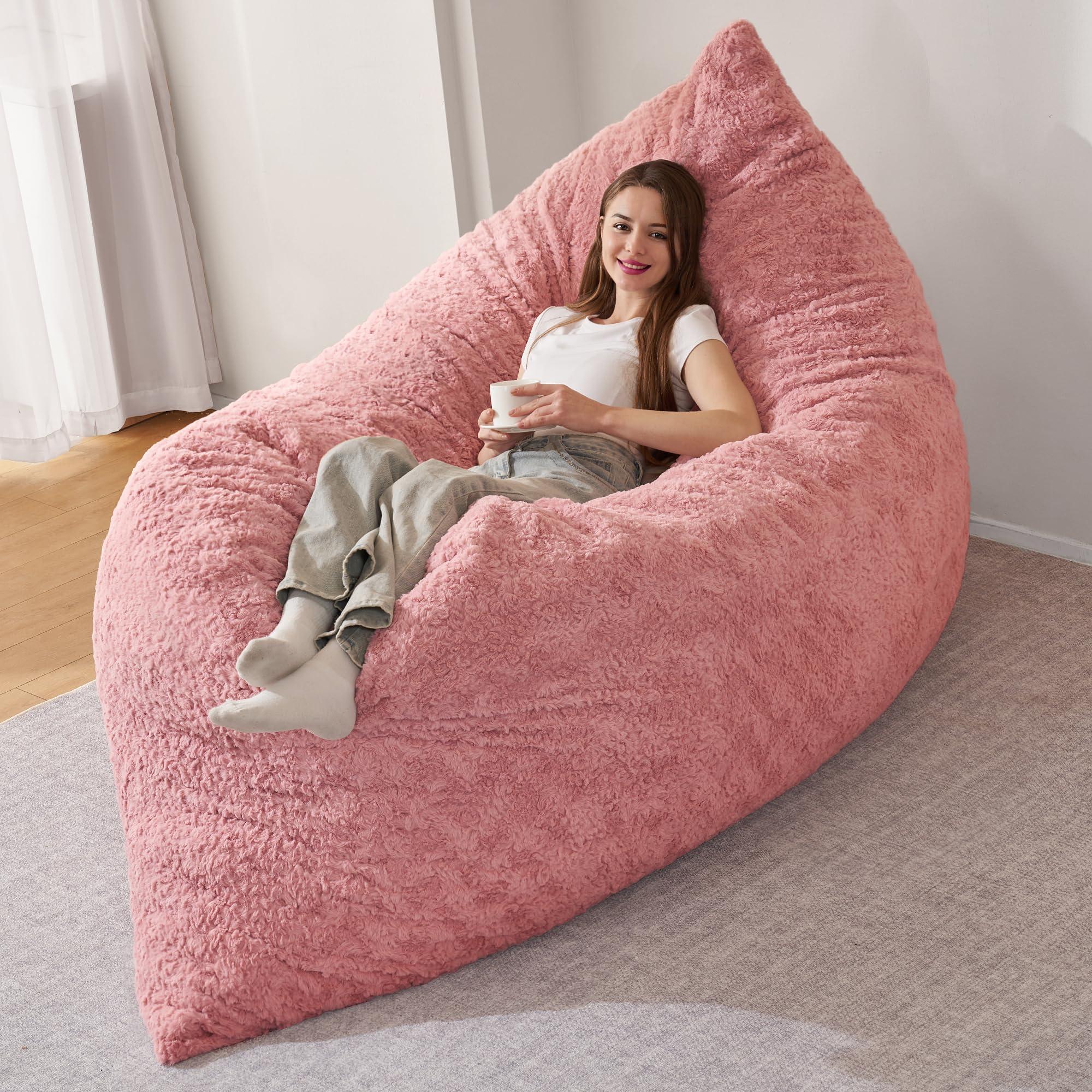 HABUTWAY 4 in 1 Bean Bag Chair, Giant Memory Foam Filling Bean Bag Sofa, Adult Bean Bag Chair, Machine Washable Faux Fur Cover, Bean Bag for Adult (Pink) - Image 3