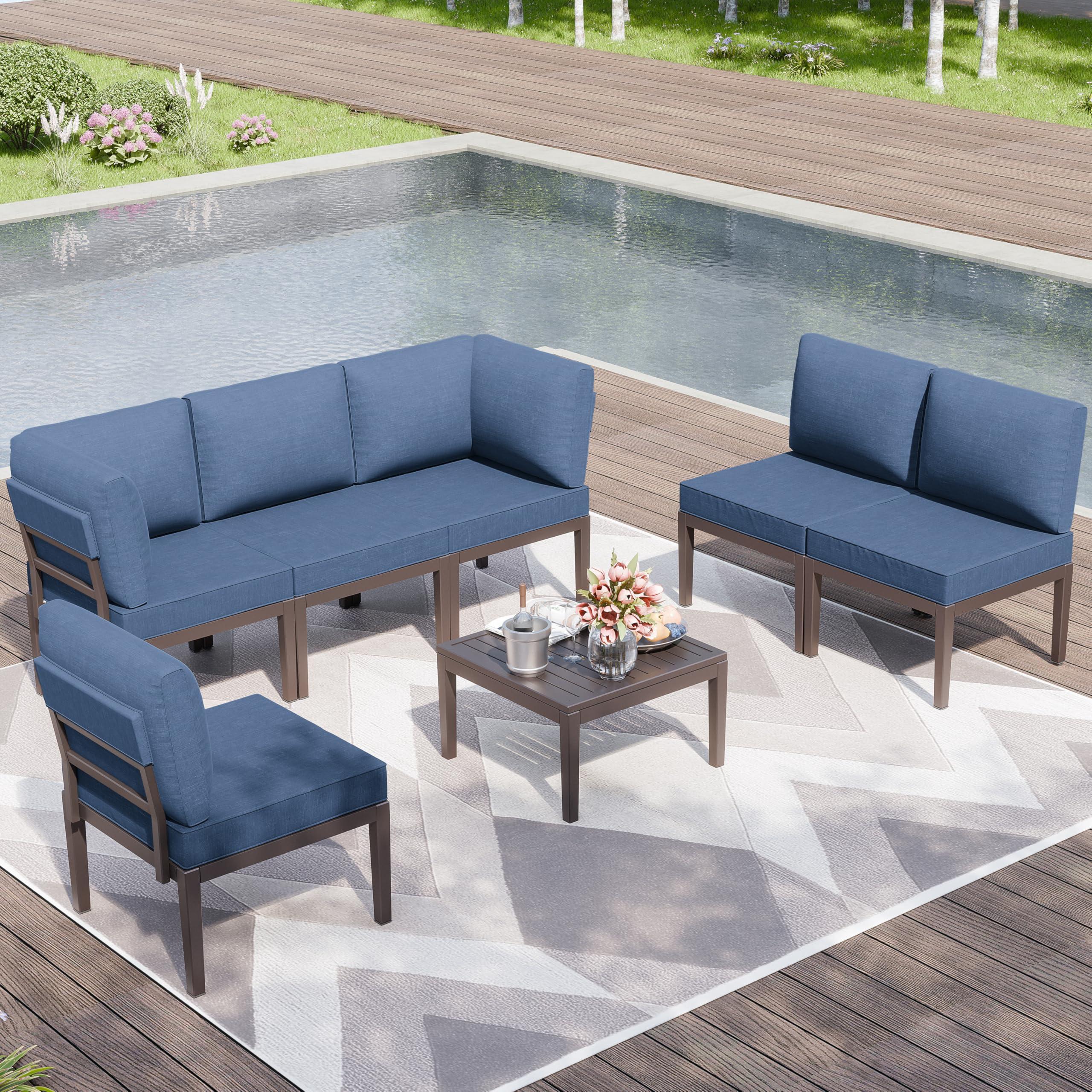 Kurapika 7 Pieces Metal Patio Furniture Set Modern Metal Outdoor Conversation Sets, Patio Sectional Sofa w/5 Inch Cushion and Coffee Table, Navy Blue - Image 4