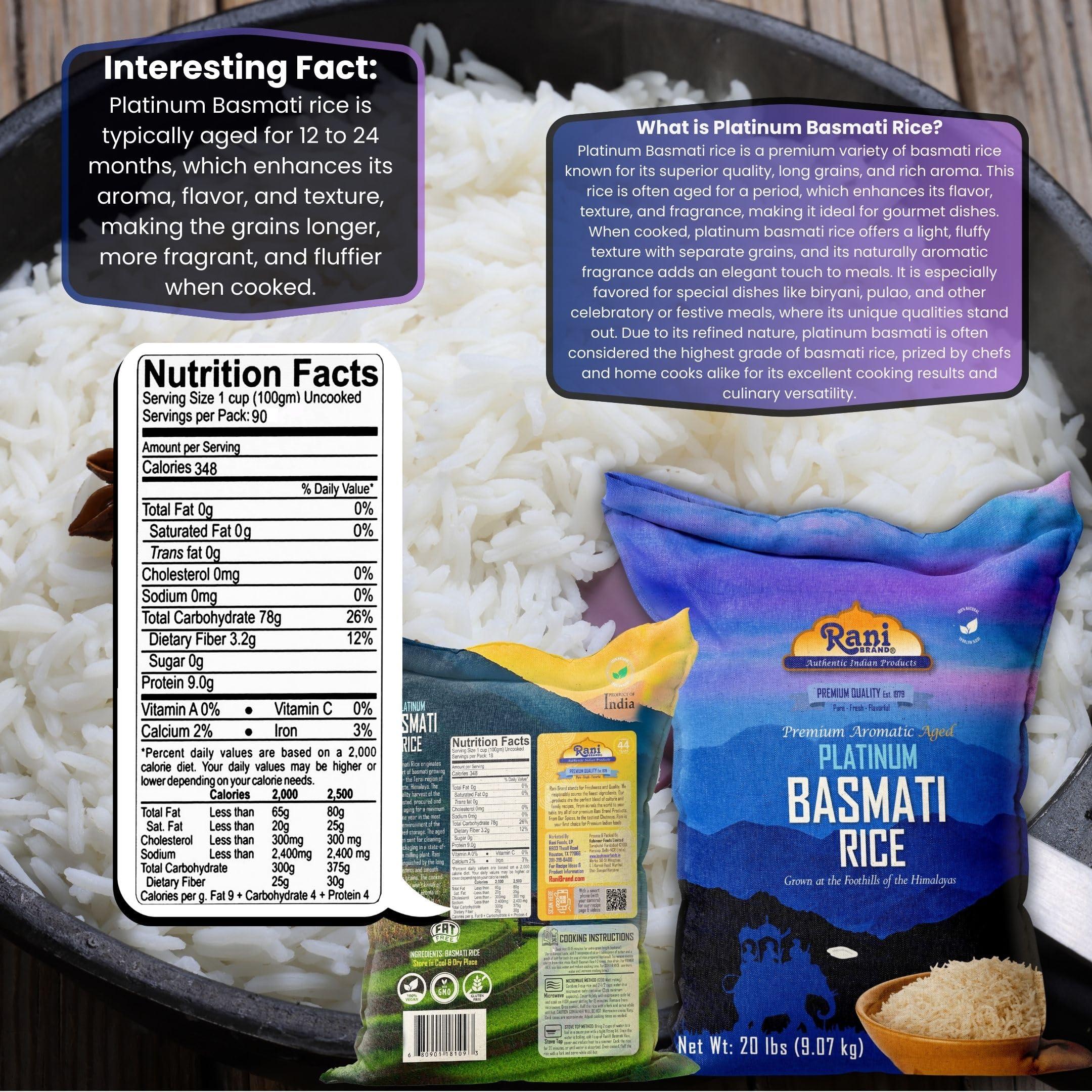 Rani Platinum White Basmati Rice Extra Long Aged 20-Pound Bag, 320oz (20lbs) 9.08kg ~ All Natural | Gluten Friendly | Vegan | Indian Origin | Kosher | Export Quality - Image 2