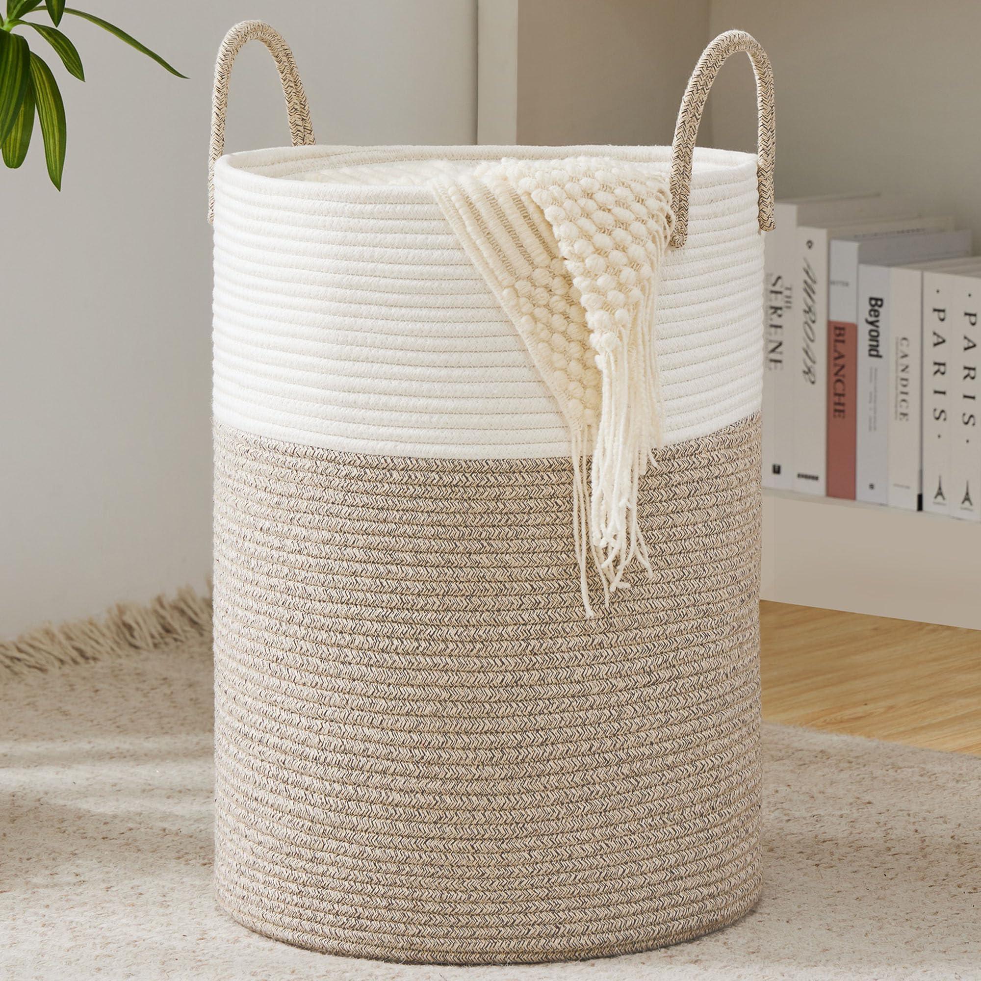 Cotton Rope Laundry Basket by YOUDENOVA, 58L Woven Collapsible Laundry Hamper, Clothes Hamper with Reinforced Handles in the Laundry Room, Bedroom, Bathroom, Brown
