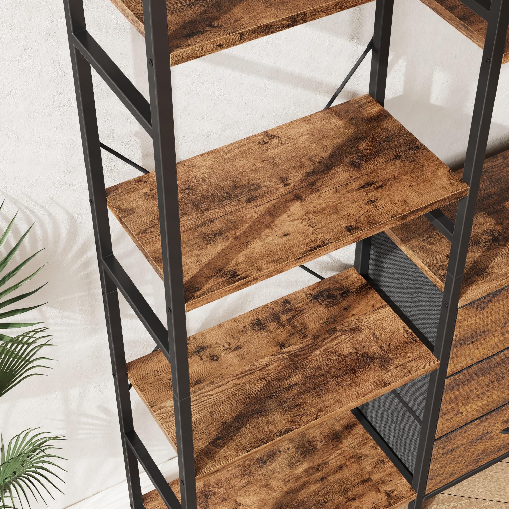 AFLUI Triple Bookshelf with 3 Fabric Drawers, 4-Tier Book Shelf and 10 Display Shelves, Industrial Large Bookcase for Home & Office, Rustic Brown, 47'' Wide - Image 5